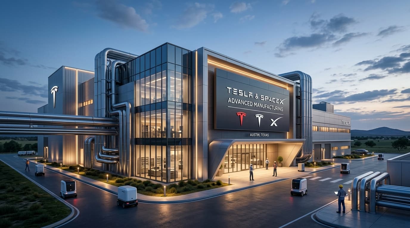A modern, futuristic semiconductor manufacturing facility in Austin, Texas, with branding for both T