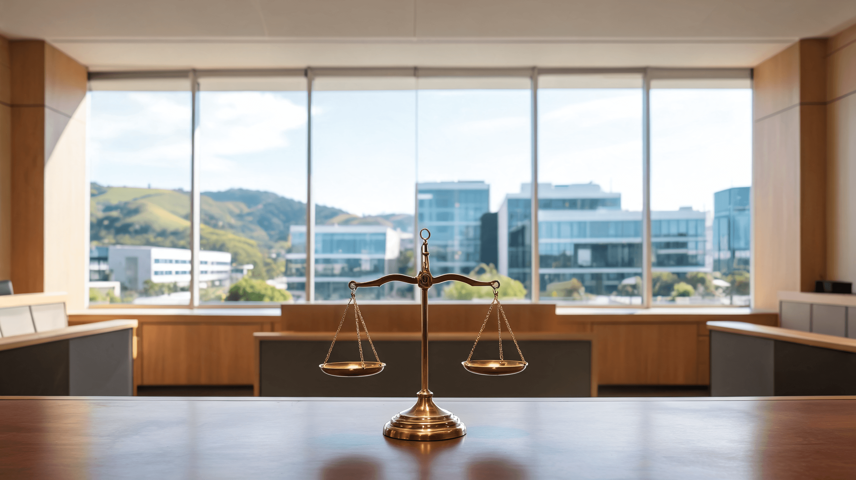 A modern, minimalist courtroom setting with a blurred view of silicon valley in the background. A ba