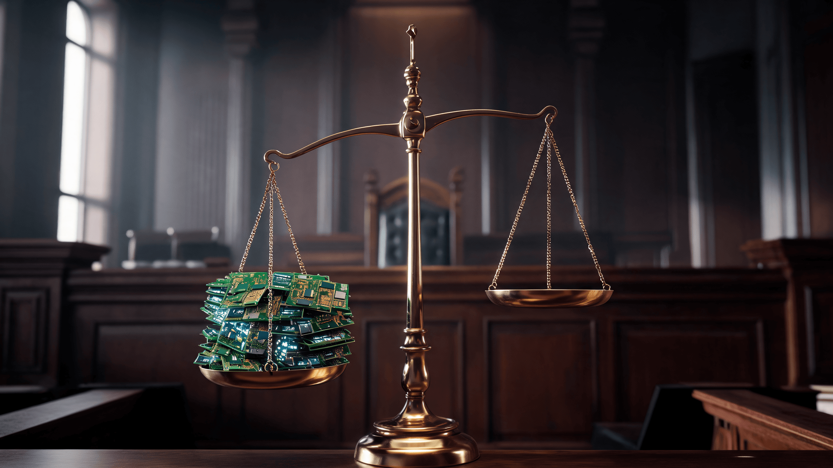 A courtroom scene with stylized legal scales of justice, one side heavy with AI circuit board patter