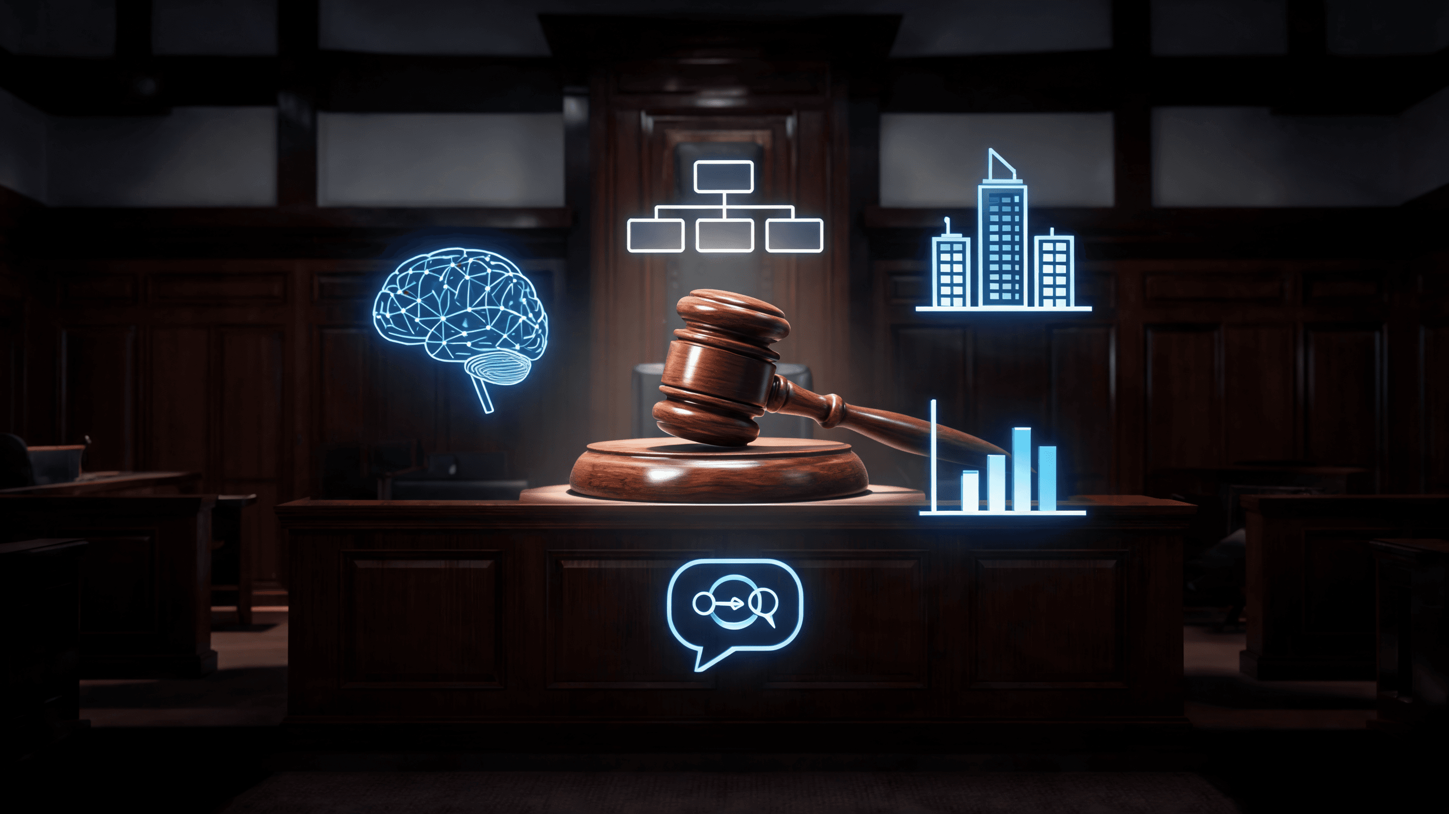 A courtroom interior, abstract depiction of legal justice with a gavel in the center, digital icons