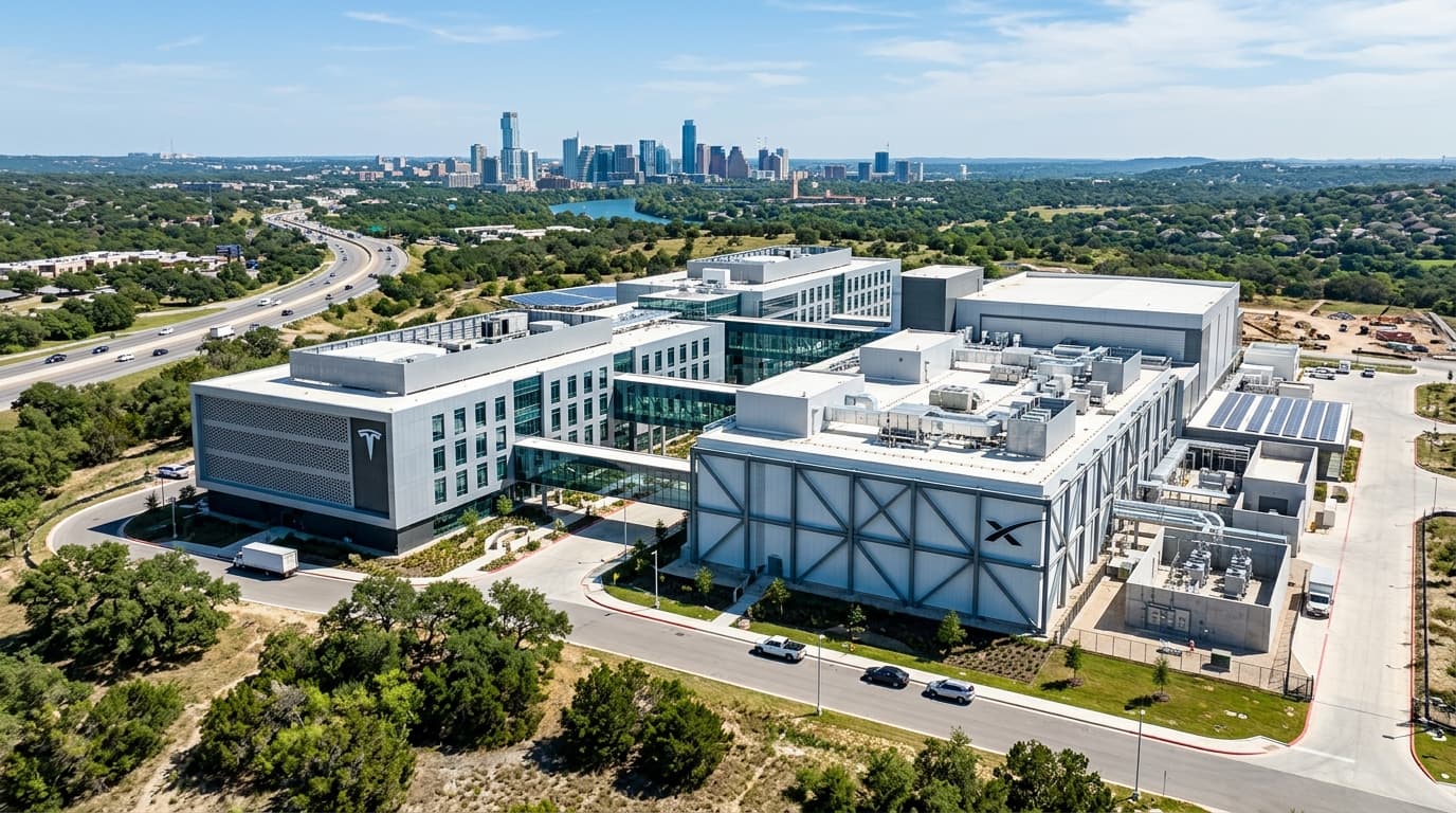 A modern, high-tech industrial architecture drawing of a semiconductor fabrication plant, with the T