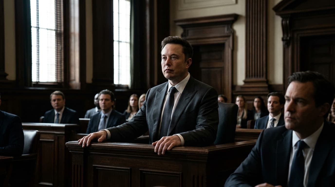 A dramatic cinematic shot of a courtroom, with Elon Musk testifying on the stand, focused and seriou