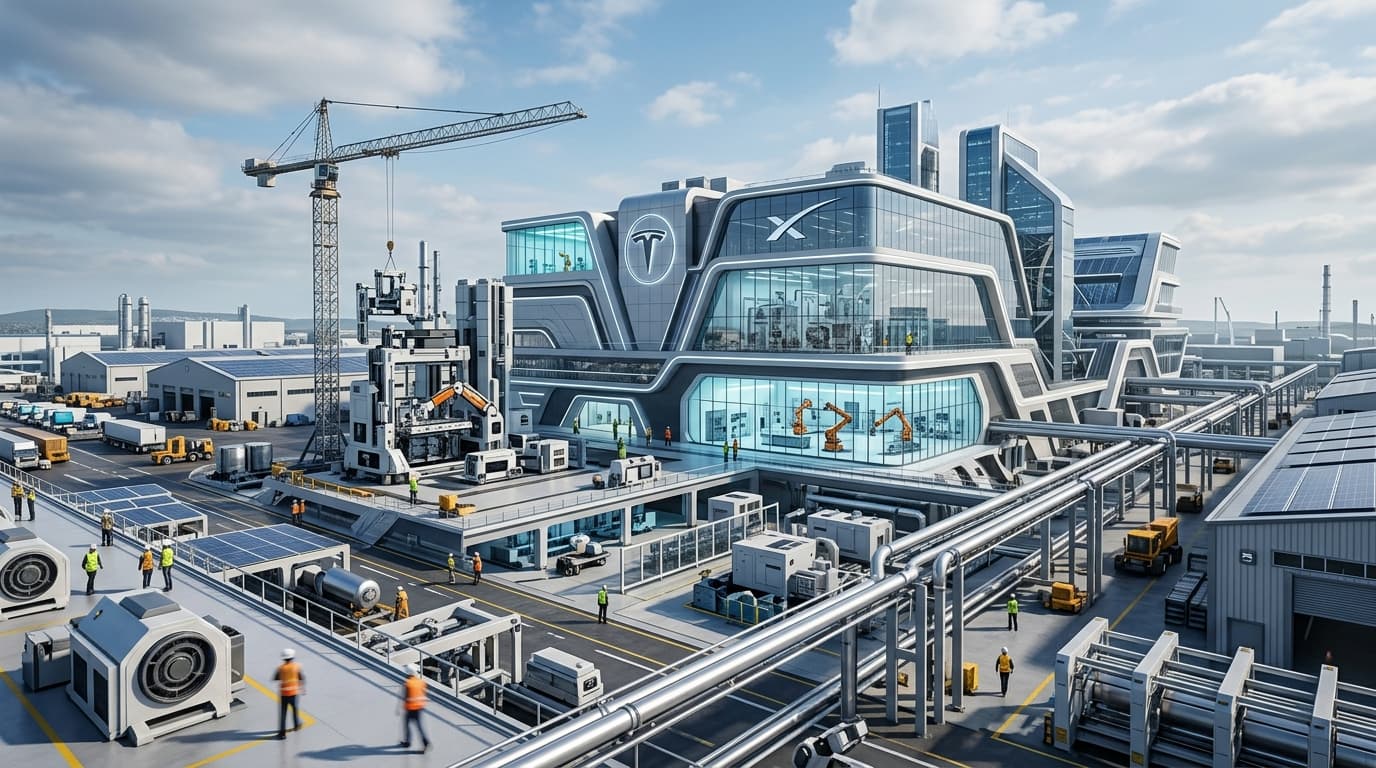 A futuristic semiconductor manufacturing facility in an industrial setting, incorporating abstract l