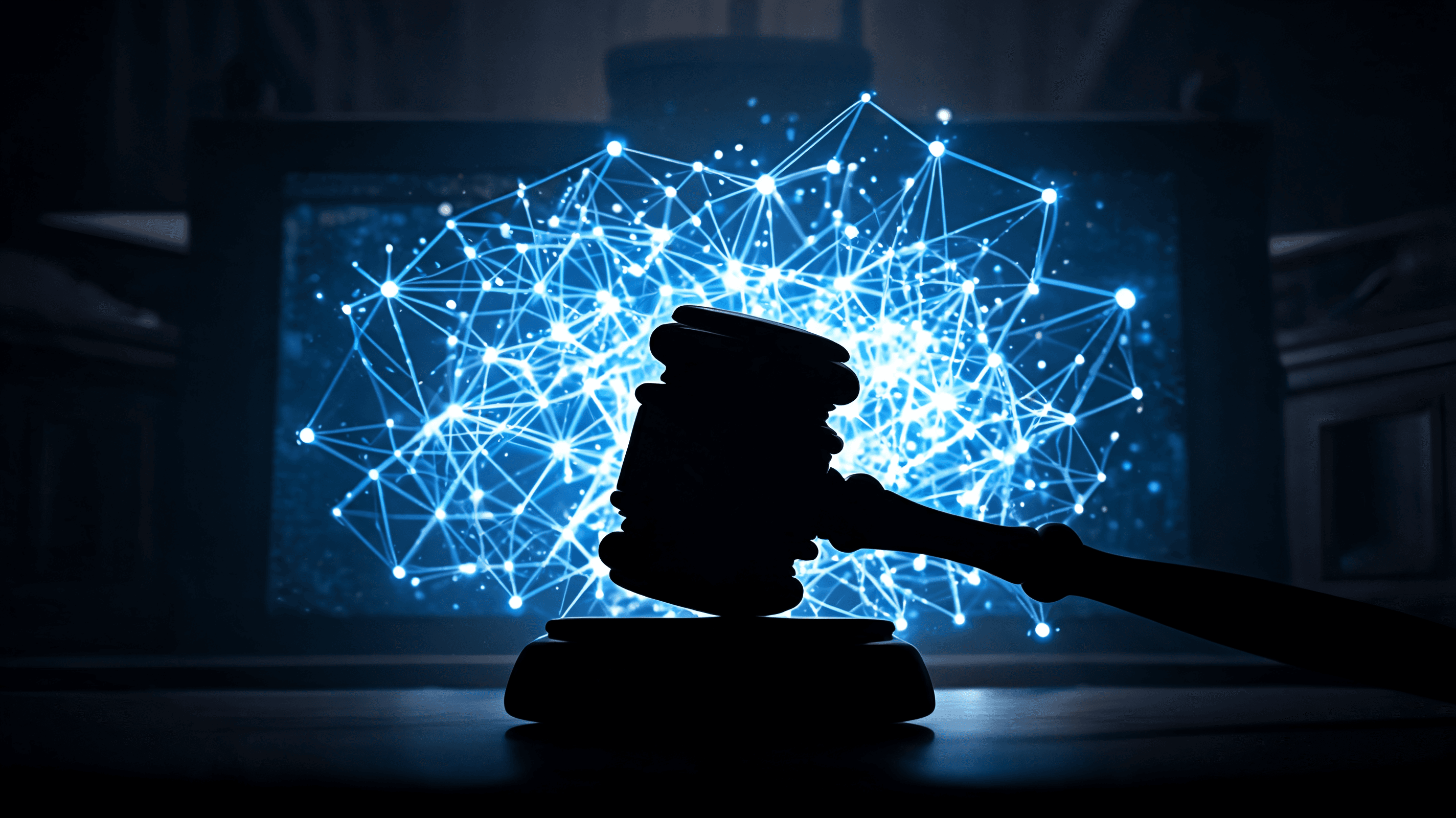 A dramatic silhouette of a courtroom gavel positioned in front of a glowing, complex AI neural netwo