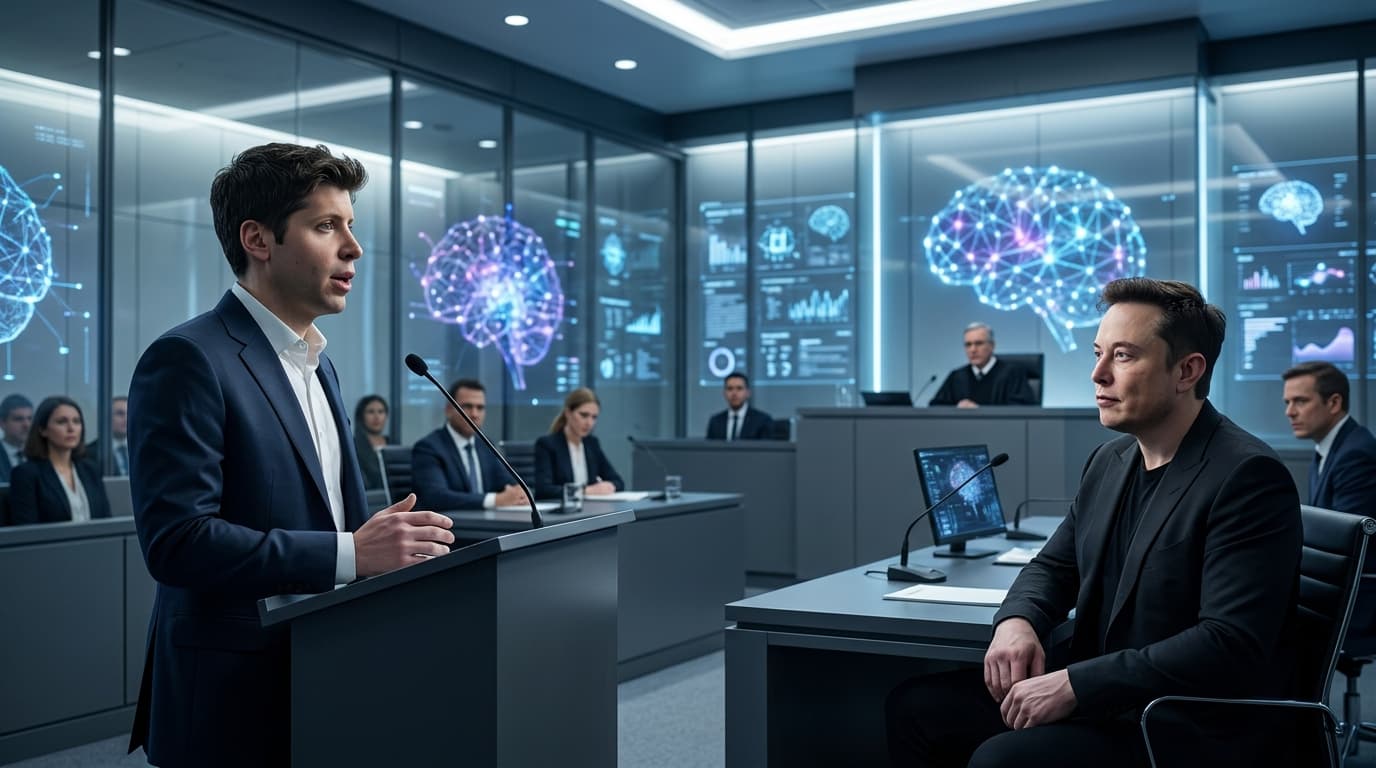 A courtroom scene showing stylized portraits of Sam Altman and Elon Musk, with holographic AI neural