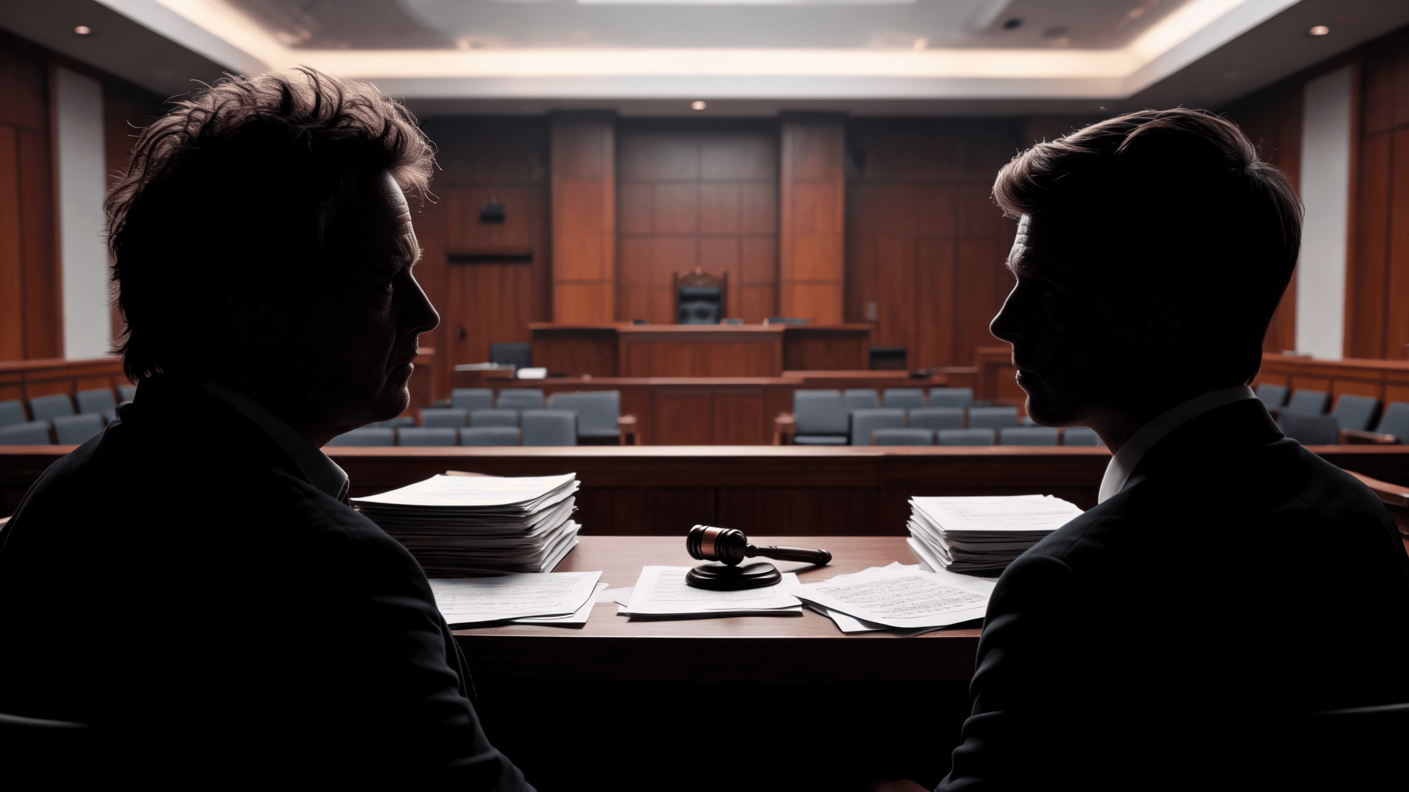 A courtroom scene with stylized legal documents and silhouettes of two prominent tech leaders, refle