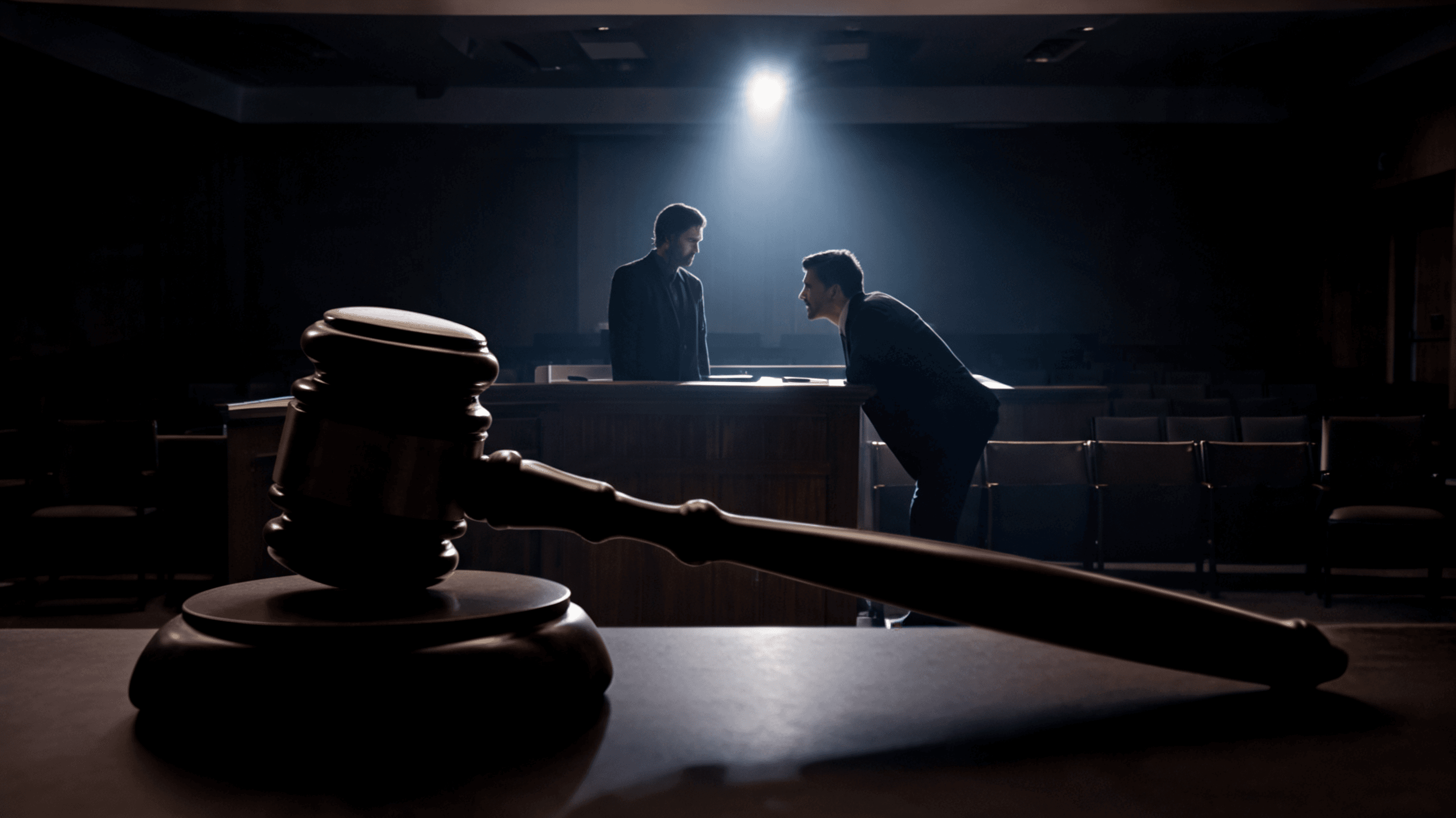 A dramatic, high-contrast courtroom scene with the silhouette of a judge's gavel in the foreground a
