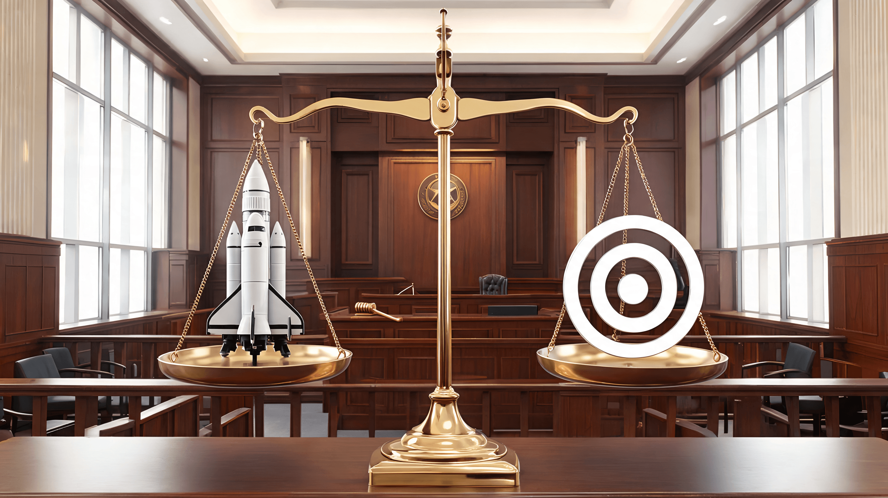 A courtroom scene featuring abstract AI symbols and balance scales in the background, representing t