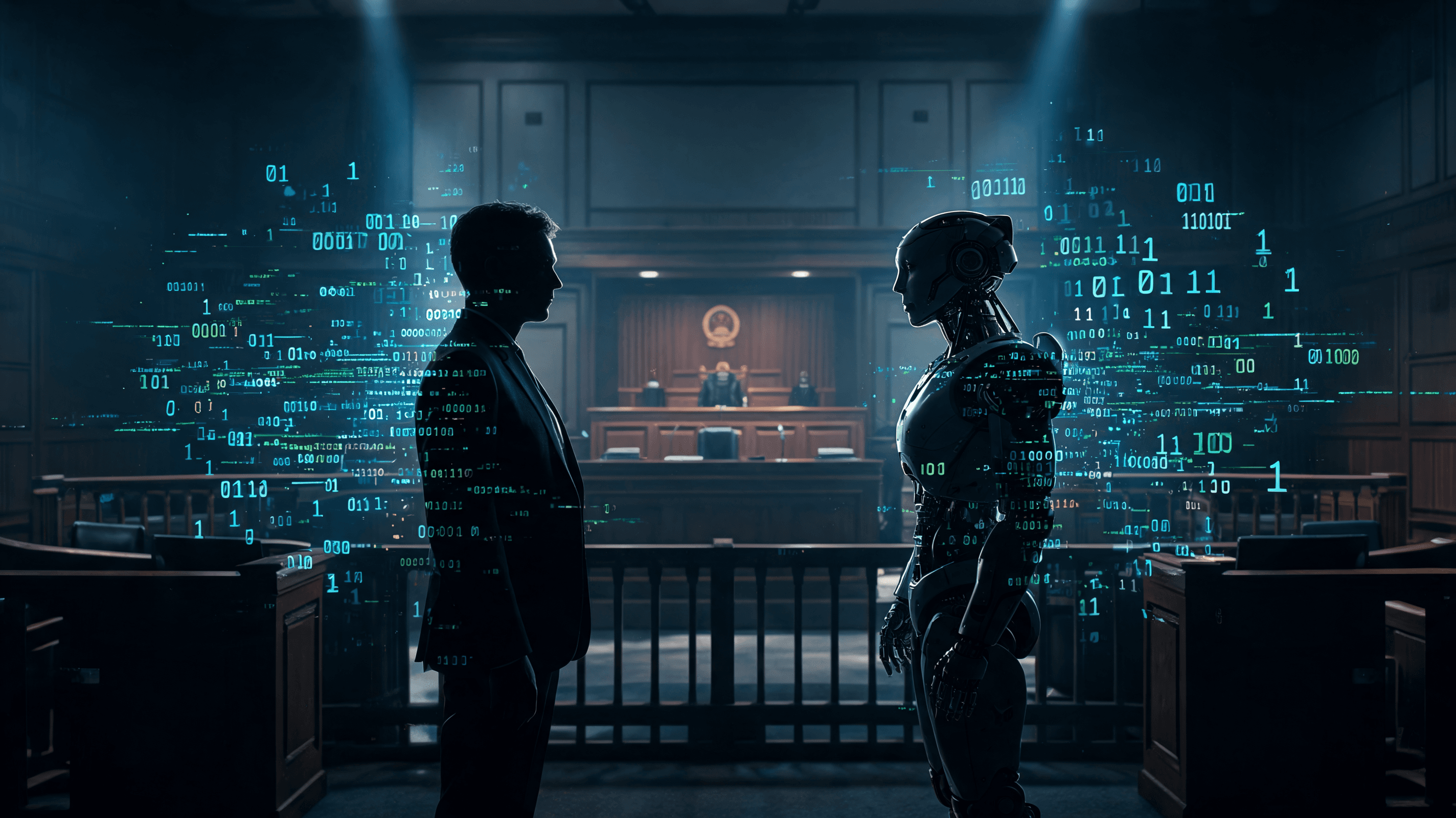 A courtroom scene showing stylized, abstract representations of a robot silhouette and a human silho