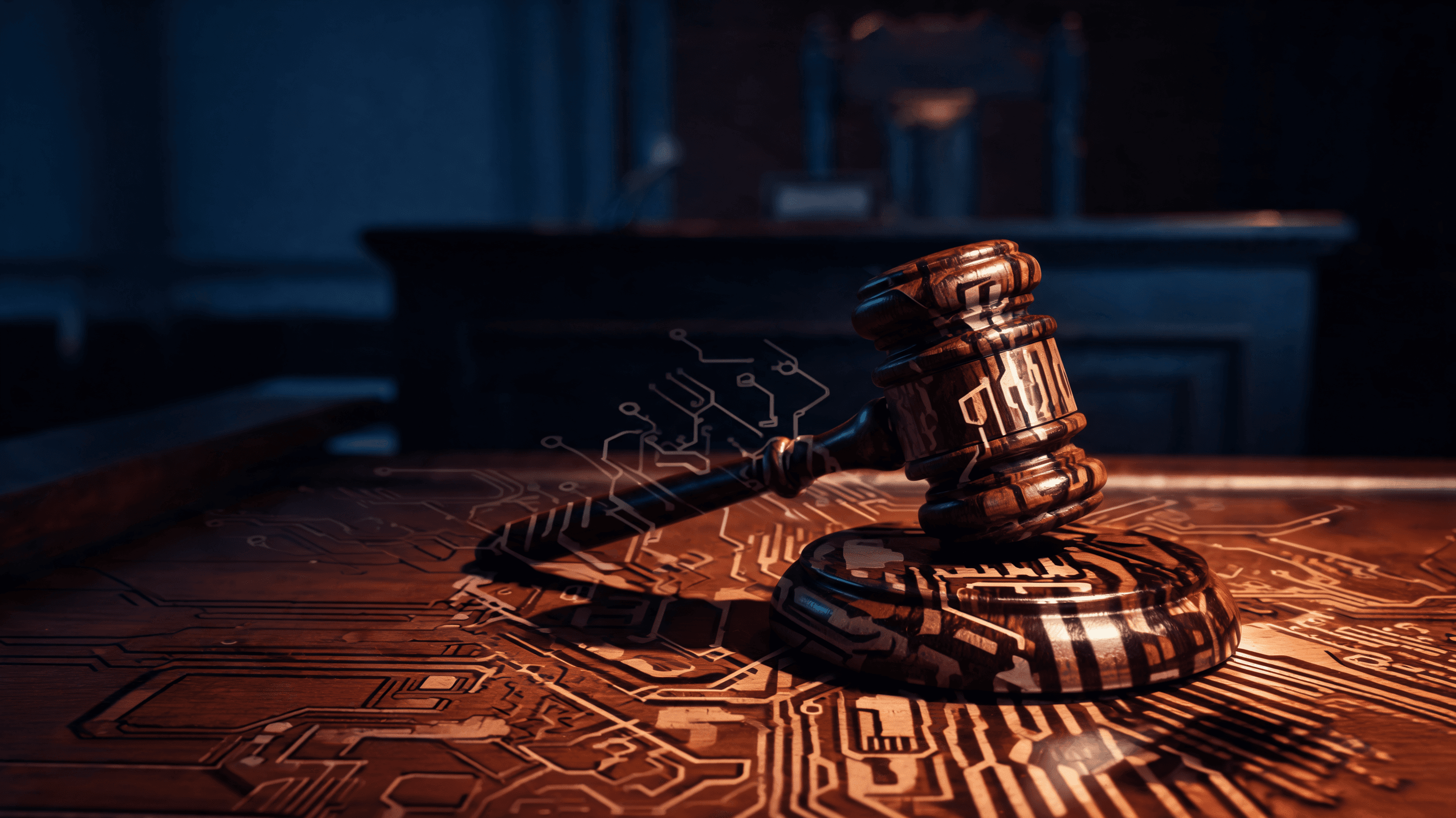 An intense, high-stakes courtroom scene, dramatic lighting, shadow of a digital circuit board overla