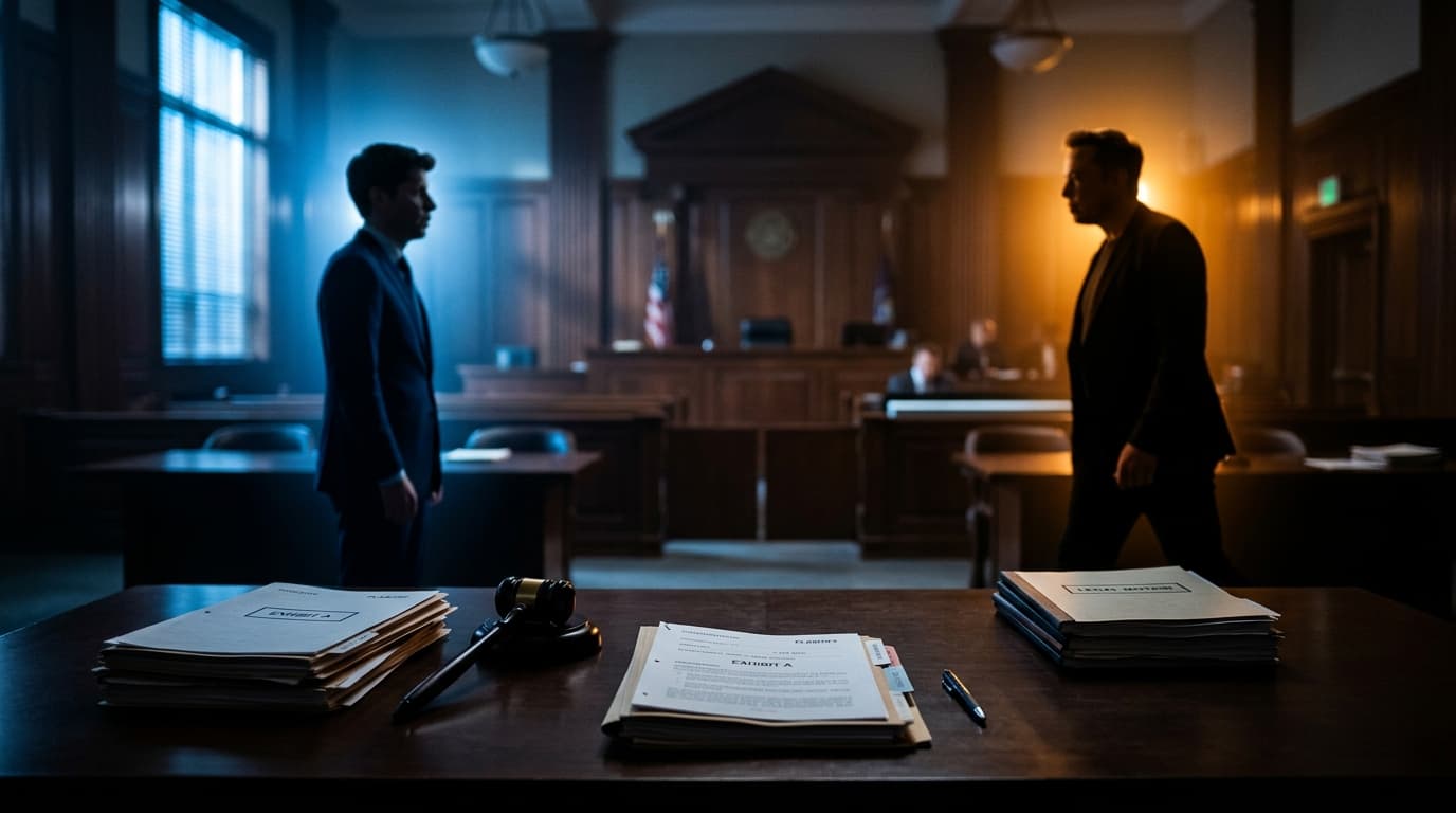 A courtroom setting, dramatic lighting, symbolizing a legal battle. In the foreground, legal documen