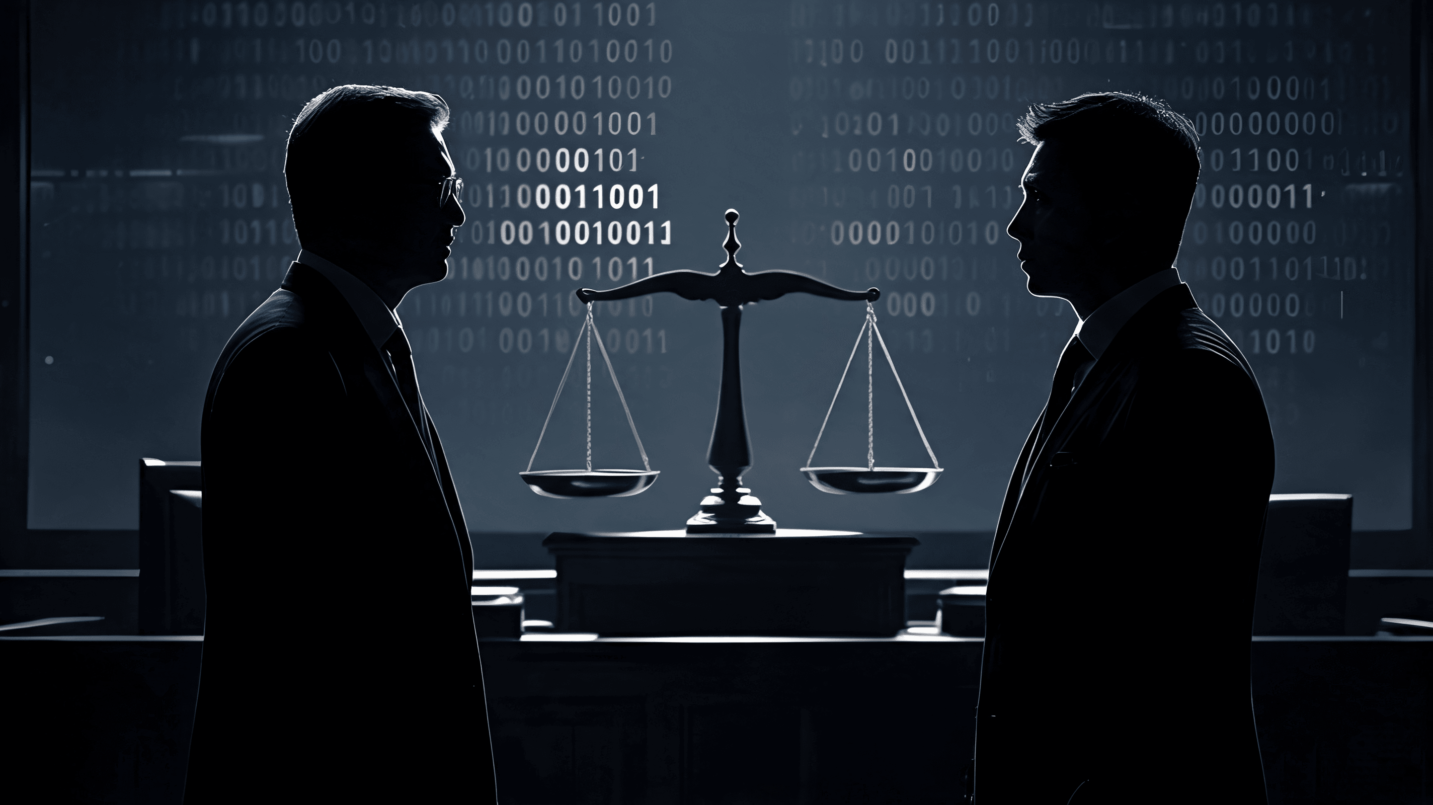 A tense courtroom scene with abstract silhouettes of two tech titans, minimalist style with scales o