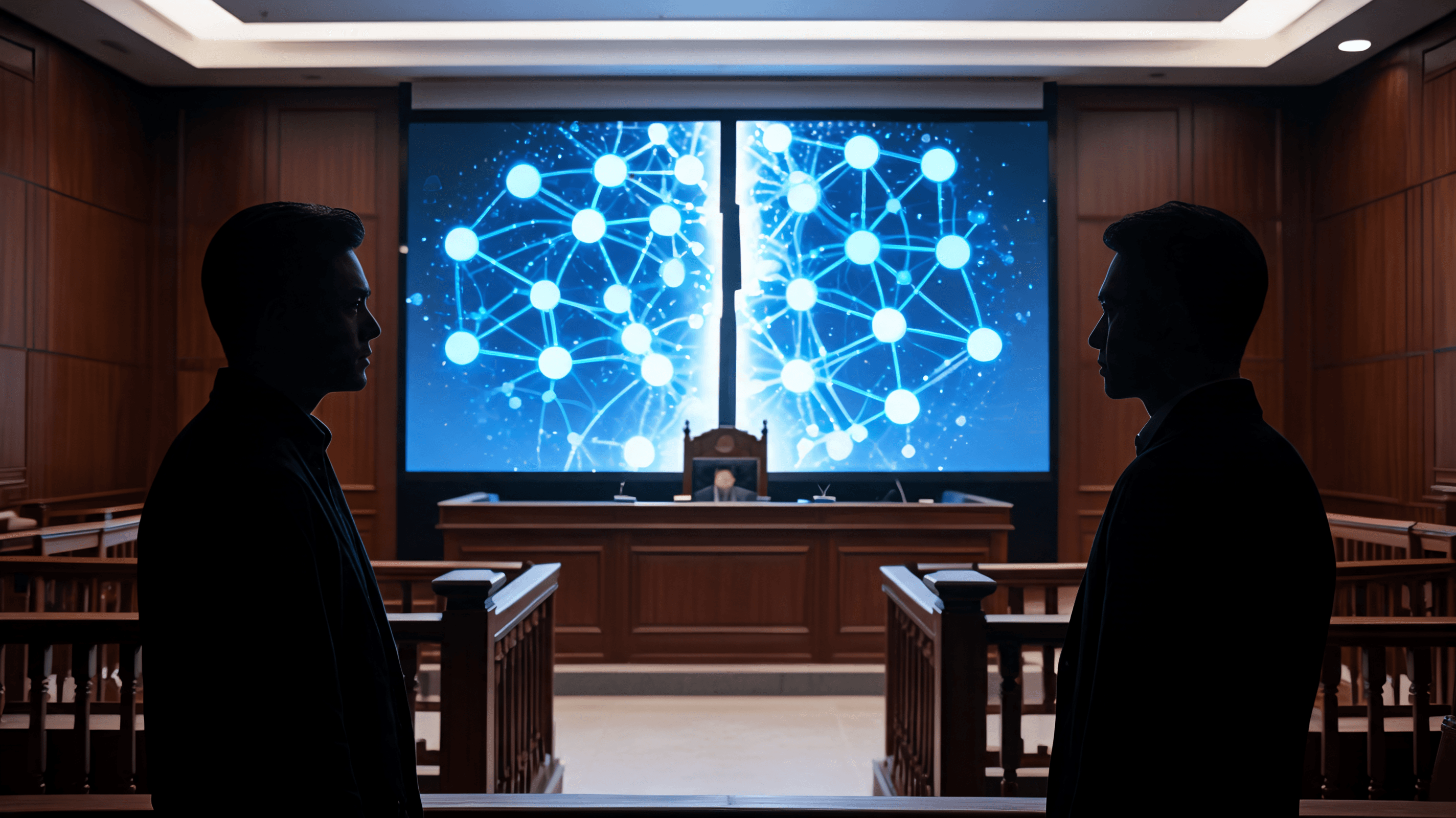 A courtroom scene showing a digital projection of a neural network being split, symbolizing a confli