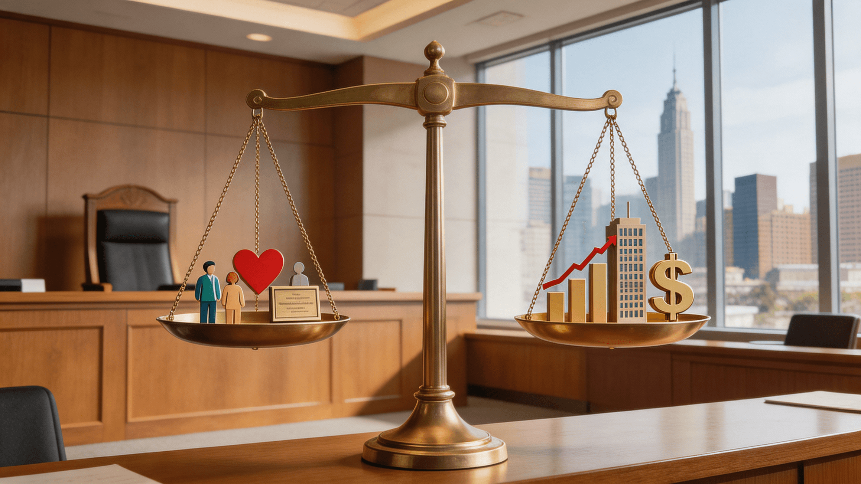 A courtroom scene in Oakland, with stylized abstract representations of technology and legal scales,
