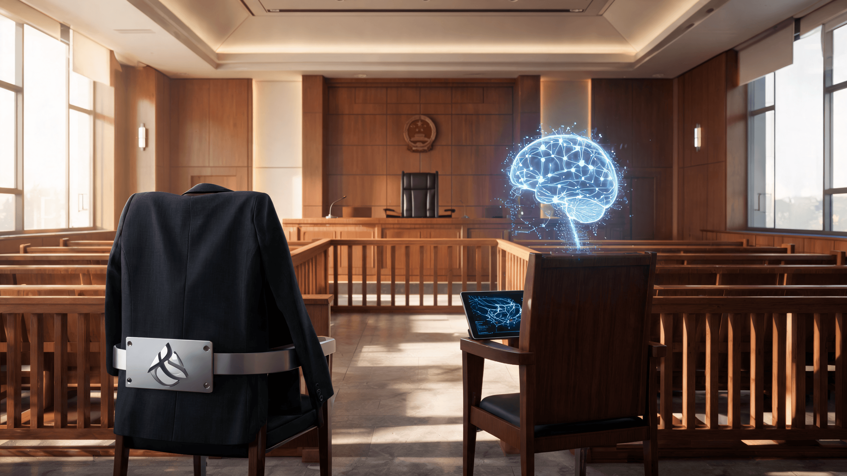 A dramatic conceptual image of a high-stakes legal courtroom, with symbols of artificial intelligenc