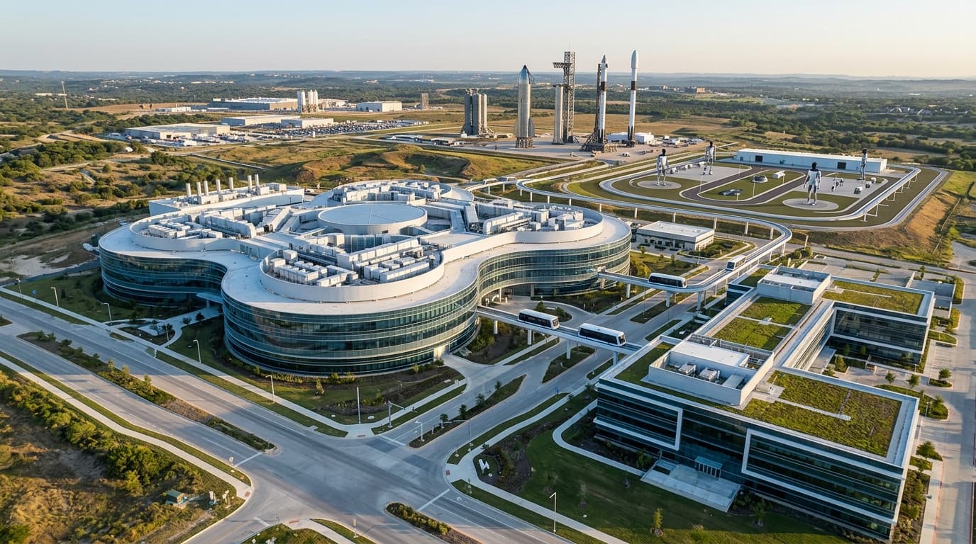 Futuristic high-tech semiconductor fabrication plant in Austin Texas, aerial view with SpaceX rocket