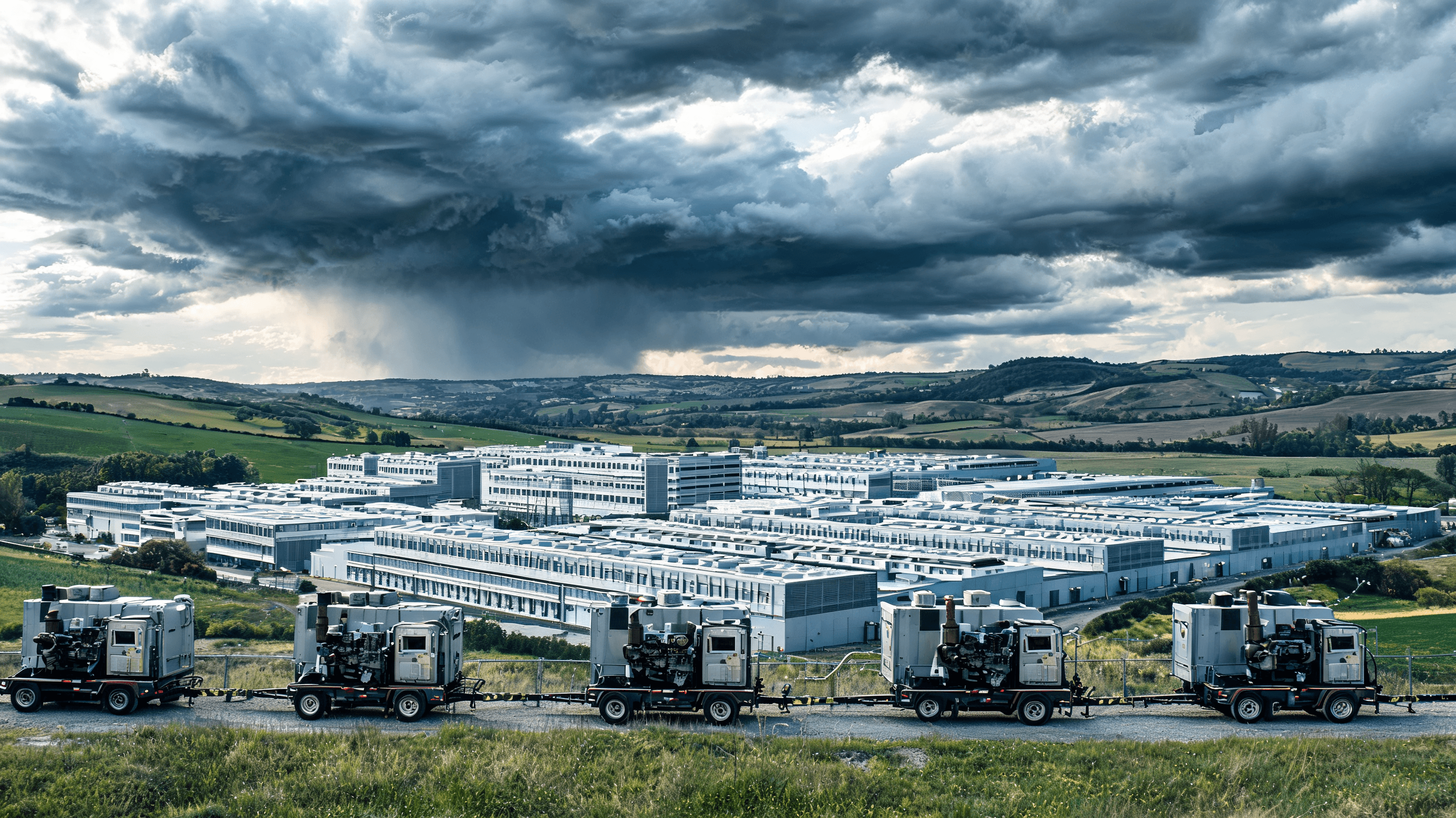 A sprawling industrial data center complex in a rural landscape, with a visible array of mobile-styl