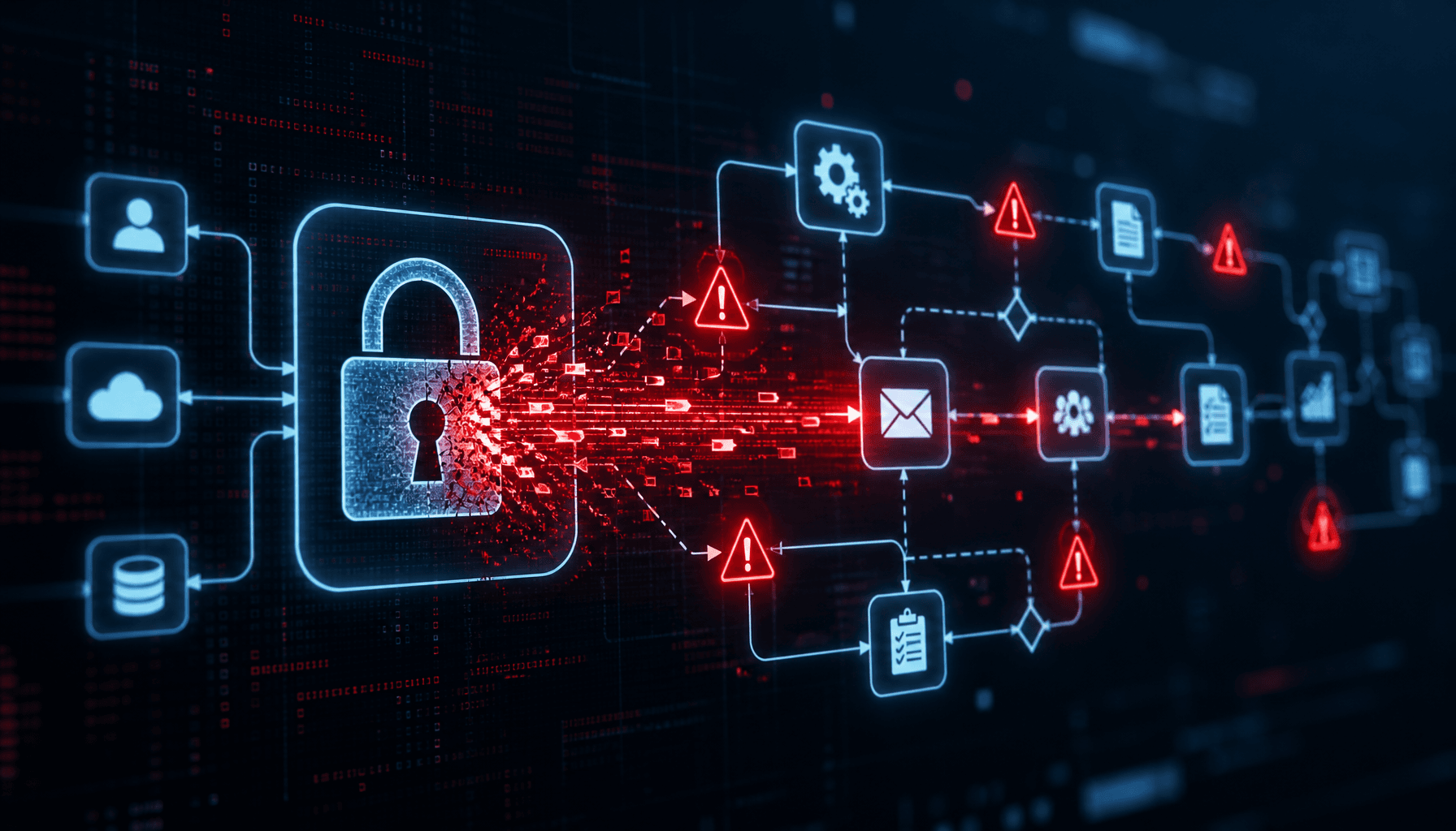 A digital representation of a security breach in a workflow automation network, with red warning ico