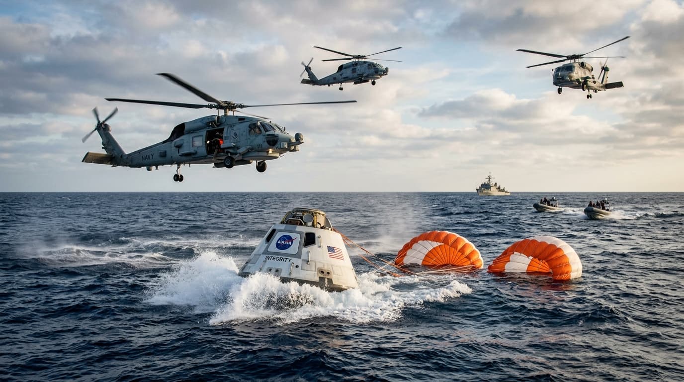 A realistic photograph of the NASA Integrity space capsule splashing down in the Pacific Ocean with