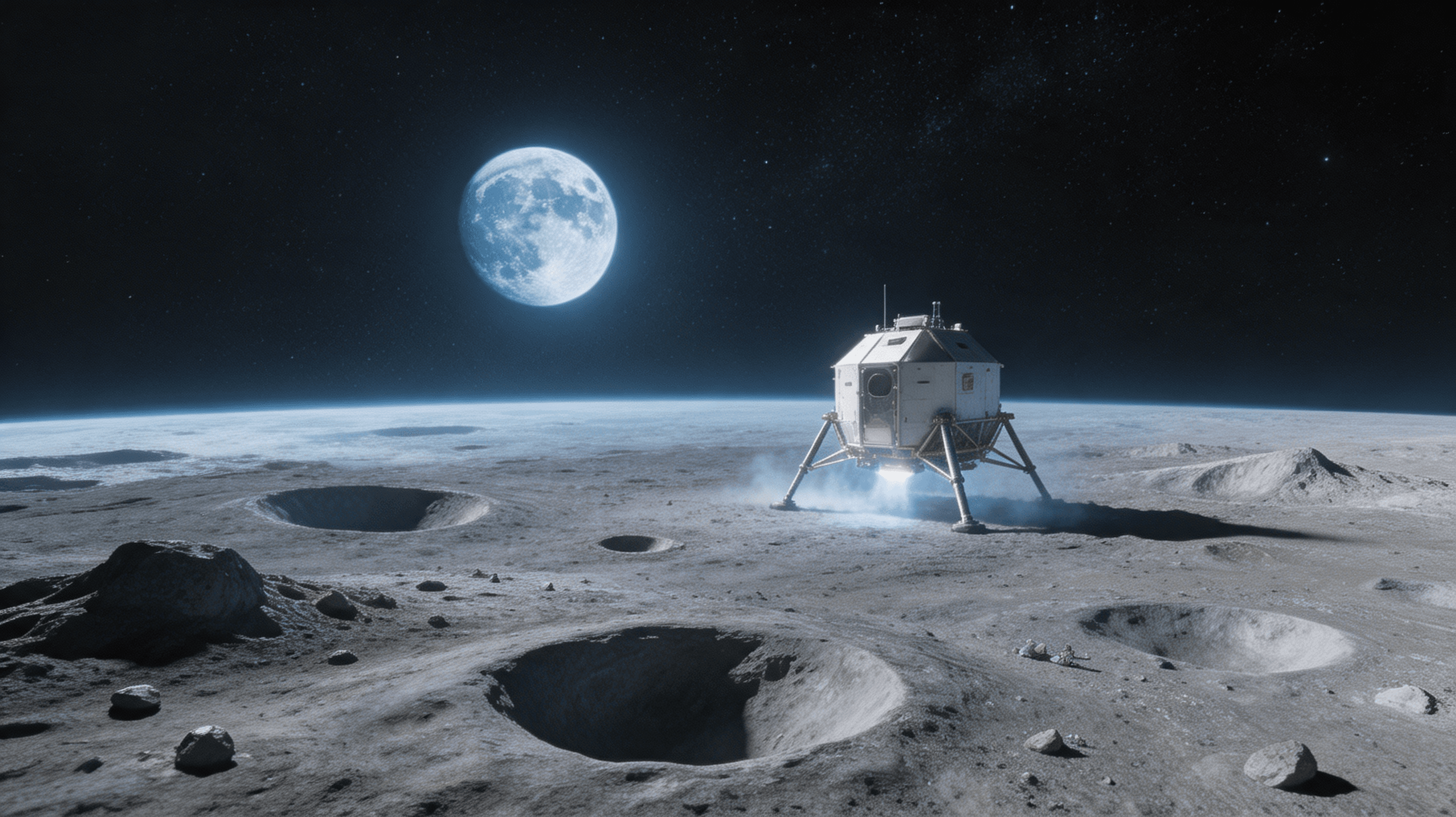A high-resolution, artistic depiction of the Artemis III spacecraft landing on the moon's surface, w