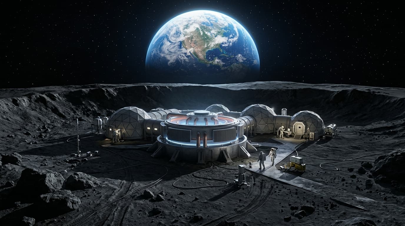An artistic rendering of a compact, advanced nuclear reactor unit integrated into a lunar outpost, g