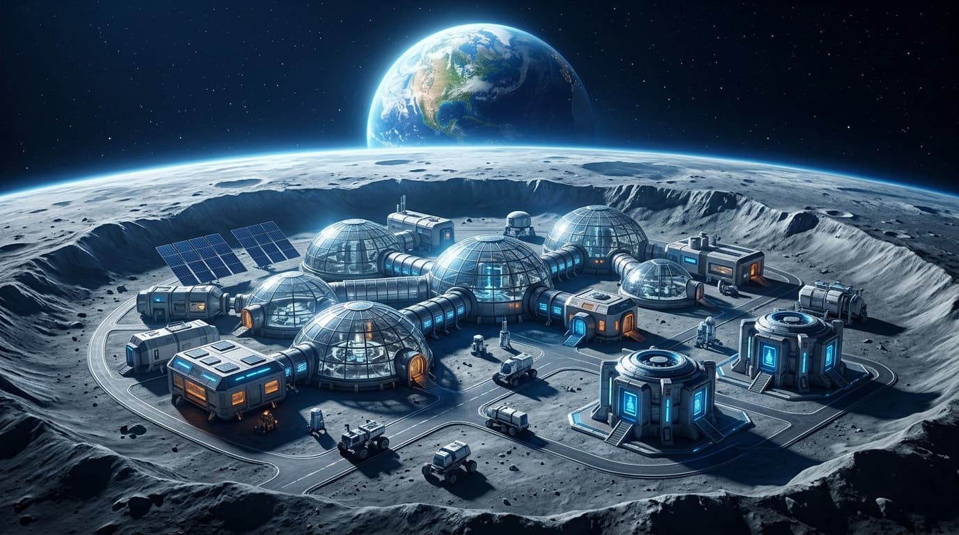 A high-fidelity digital concept art of a futuristic Moon base with modular domes and nuclear energy