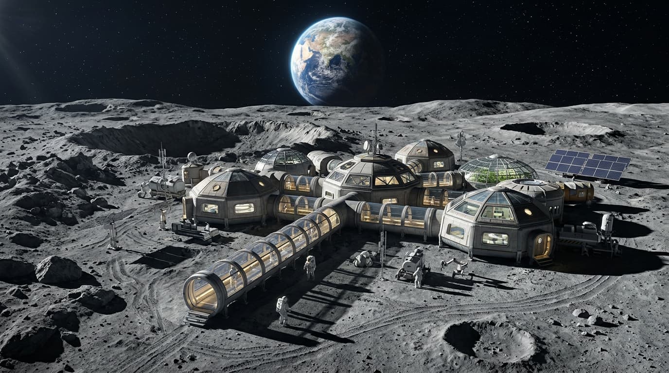 A futuristic architectural visualization of a modular lunar base with multiple domes, interconnected