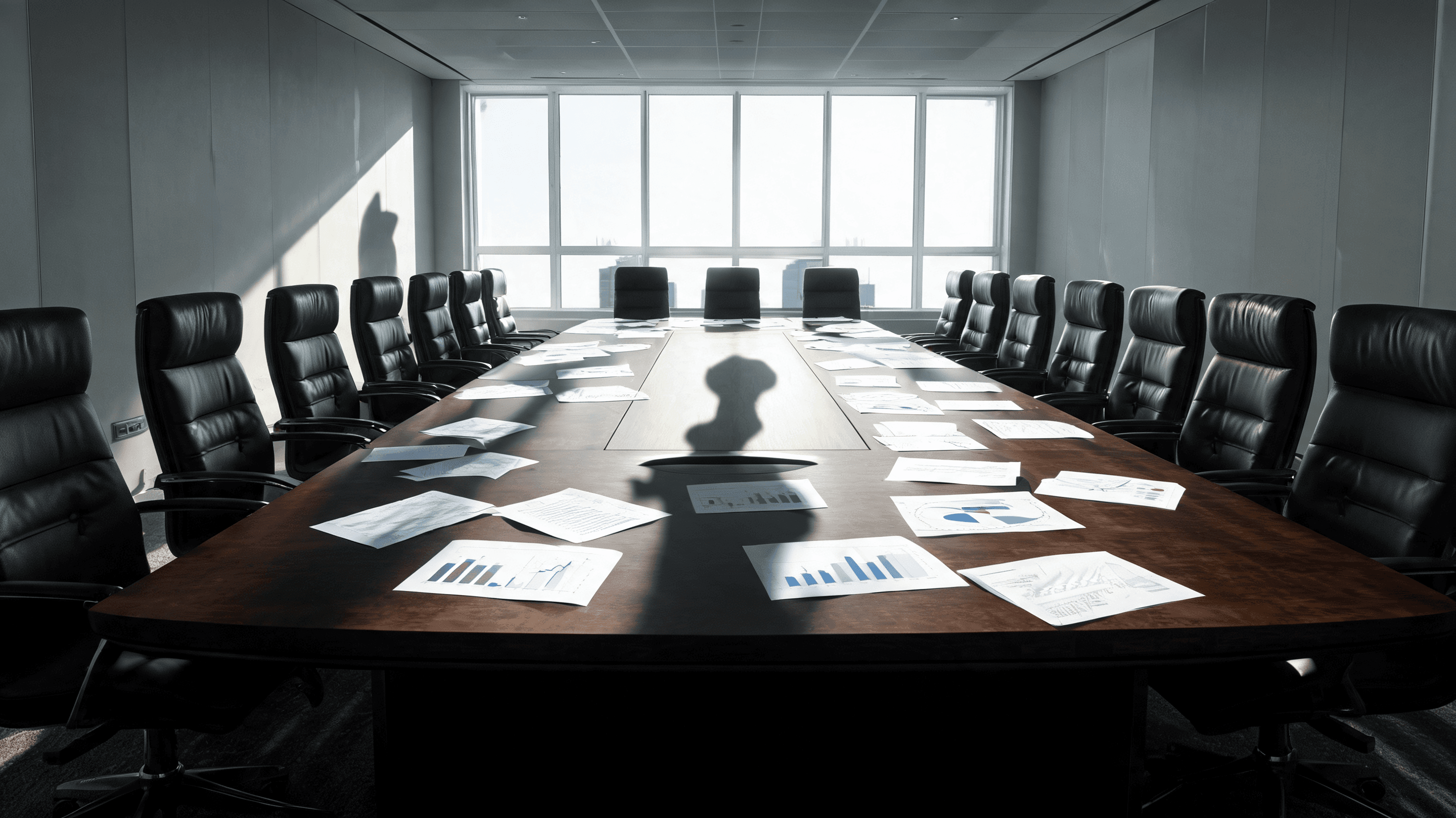 An empty, grand, classic boardroom table with white papers and scientific charts scattered, abstract