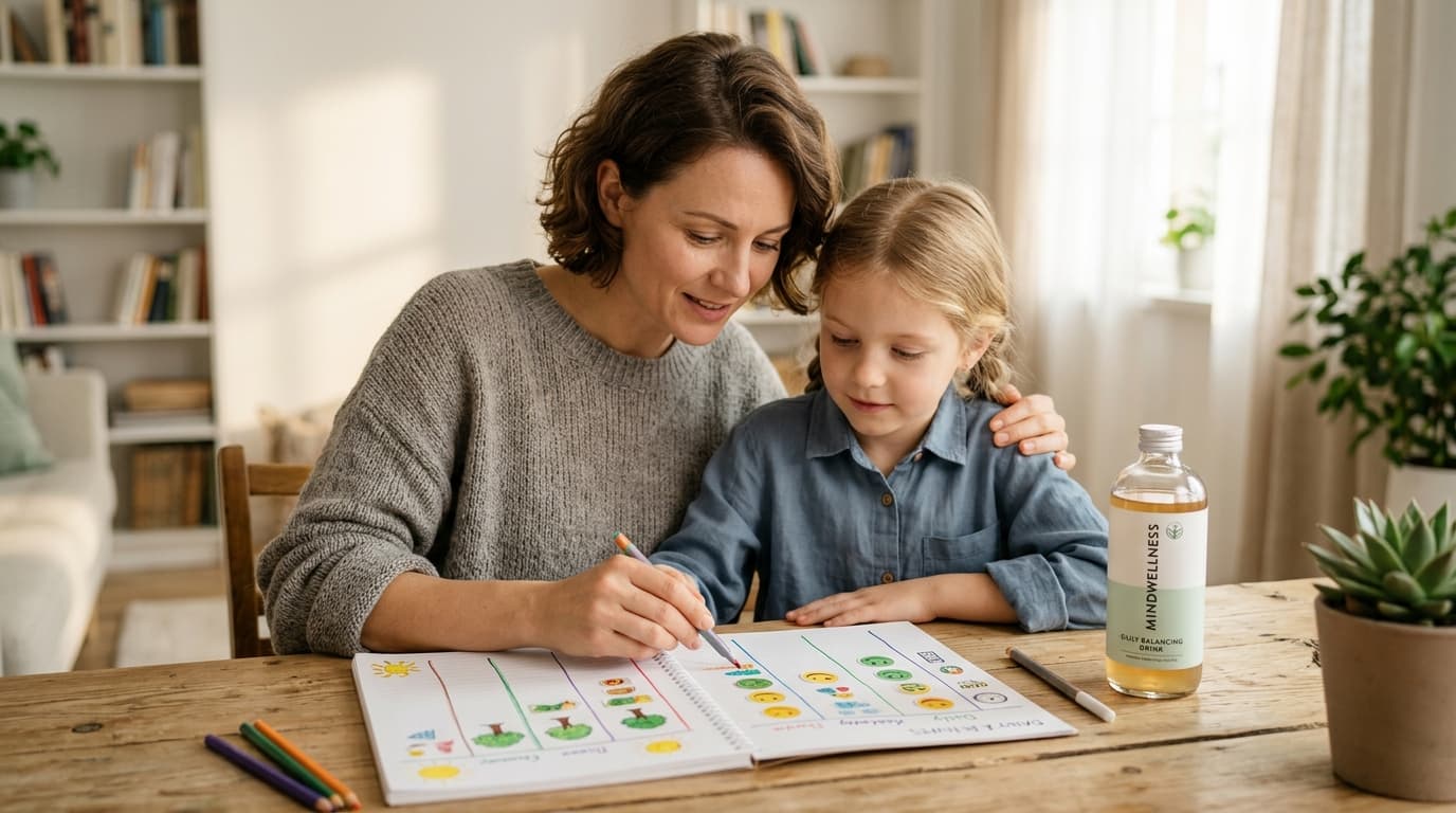 A warm, professional, and empathetic scene showing a parent sitting with their child at a wooden tab