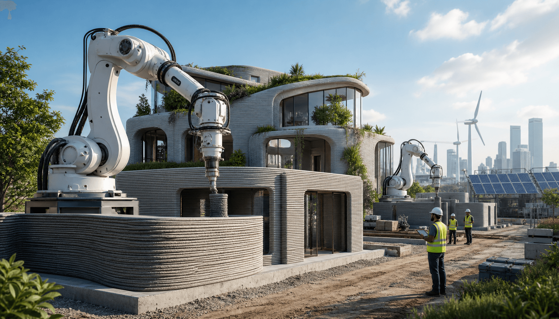 A modern futuristic building construction site using 3D concrete printing machines, sustainable arch