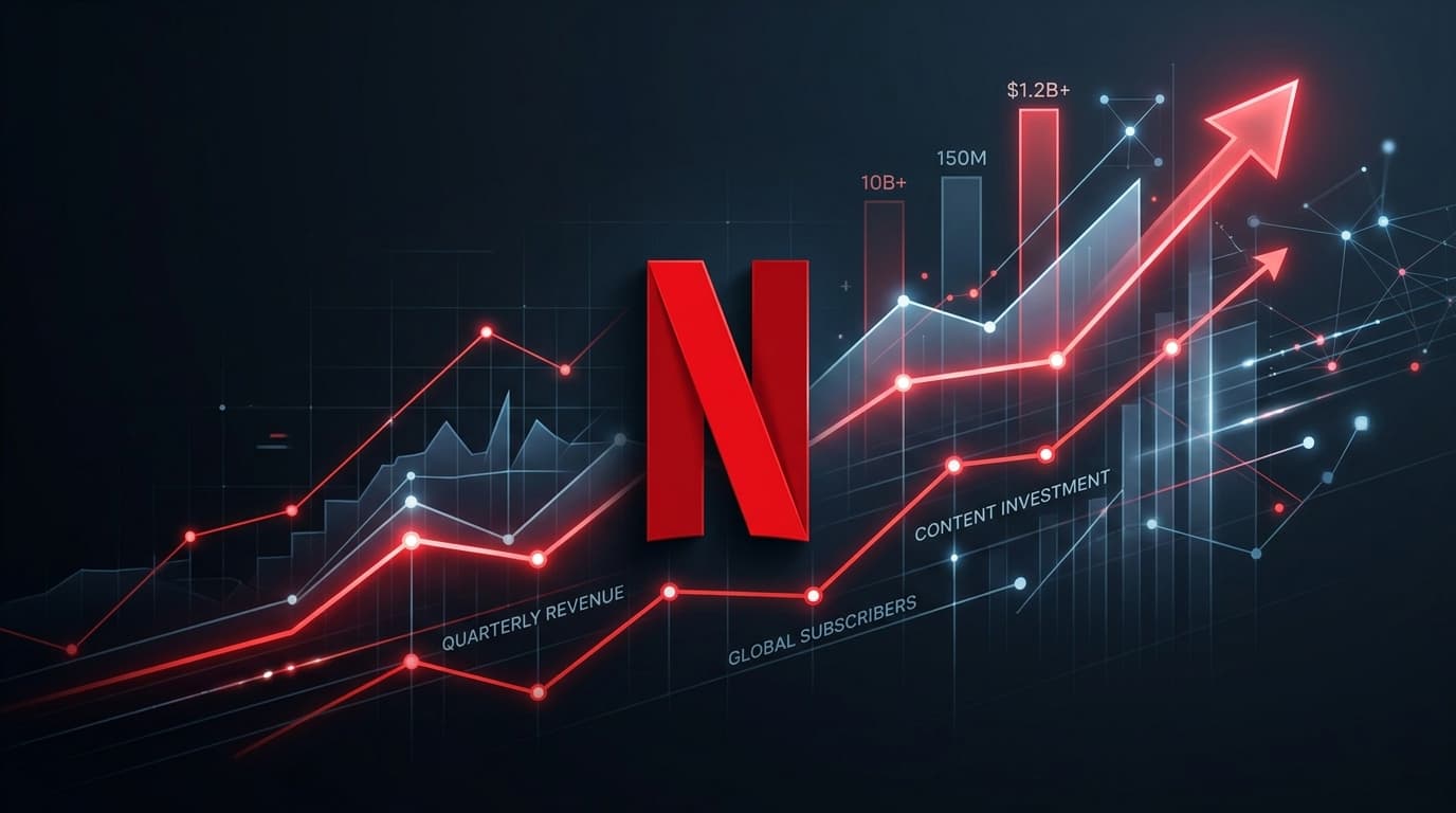 A sleek digital graphic featuring the red Netflix logo on a dark background, with stylized line grap