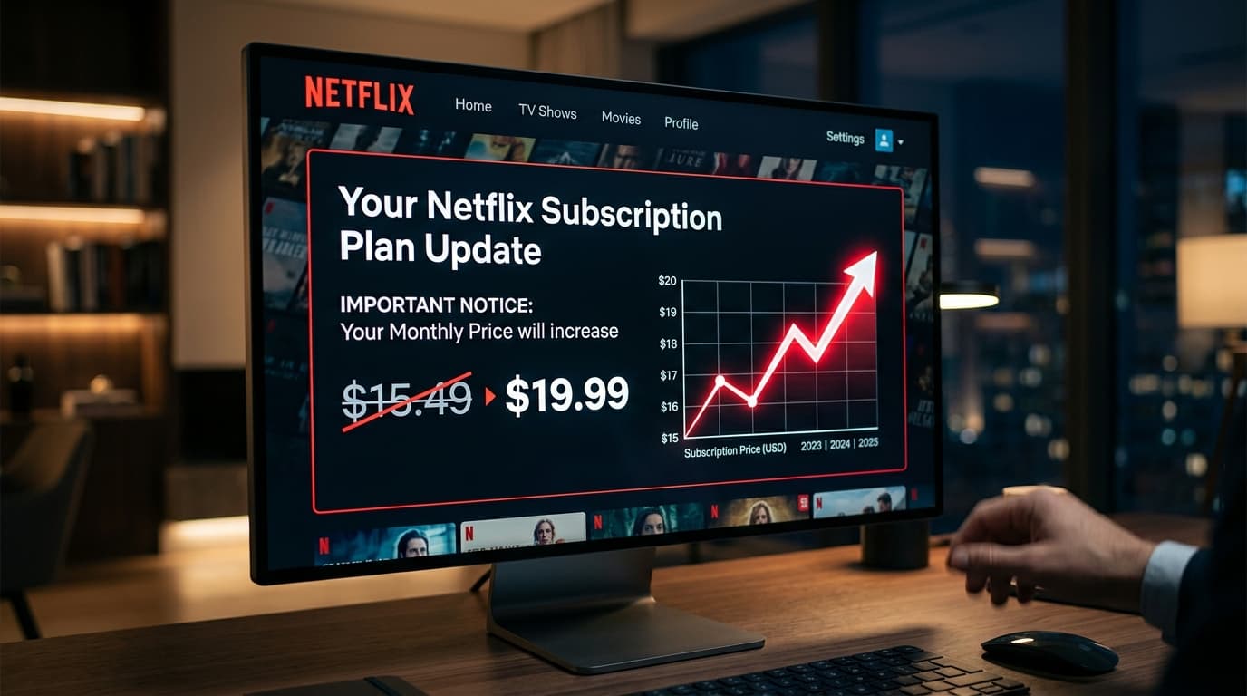 A digital screen displaying a Netflix subscription price update notification with an upward trend li