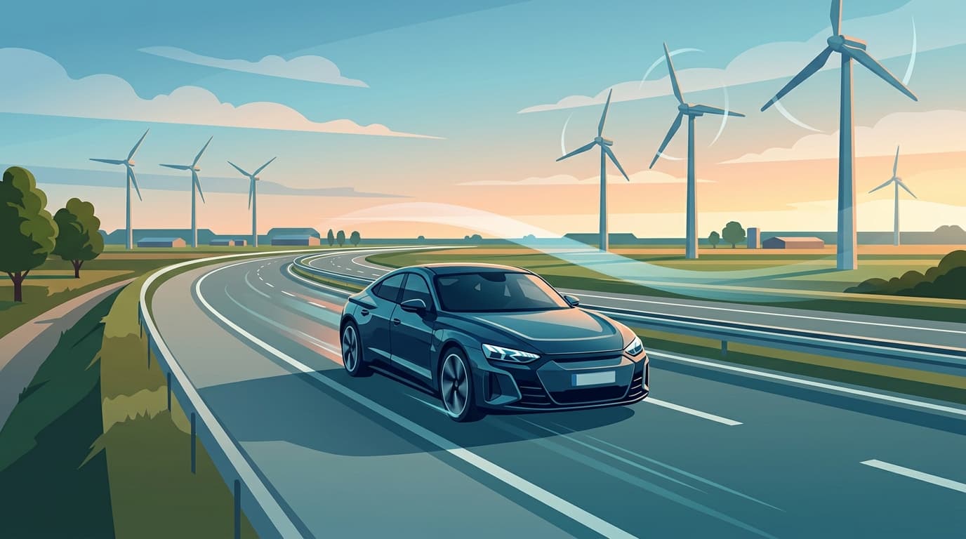 A modern electric car driving on a clean, scenic highway in the Netherlands with wind turbines in th