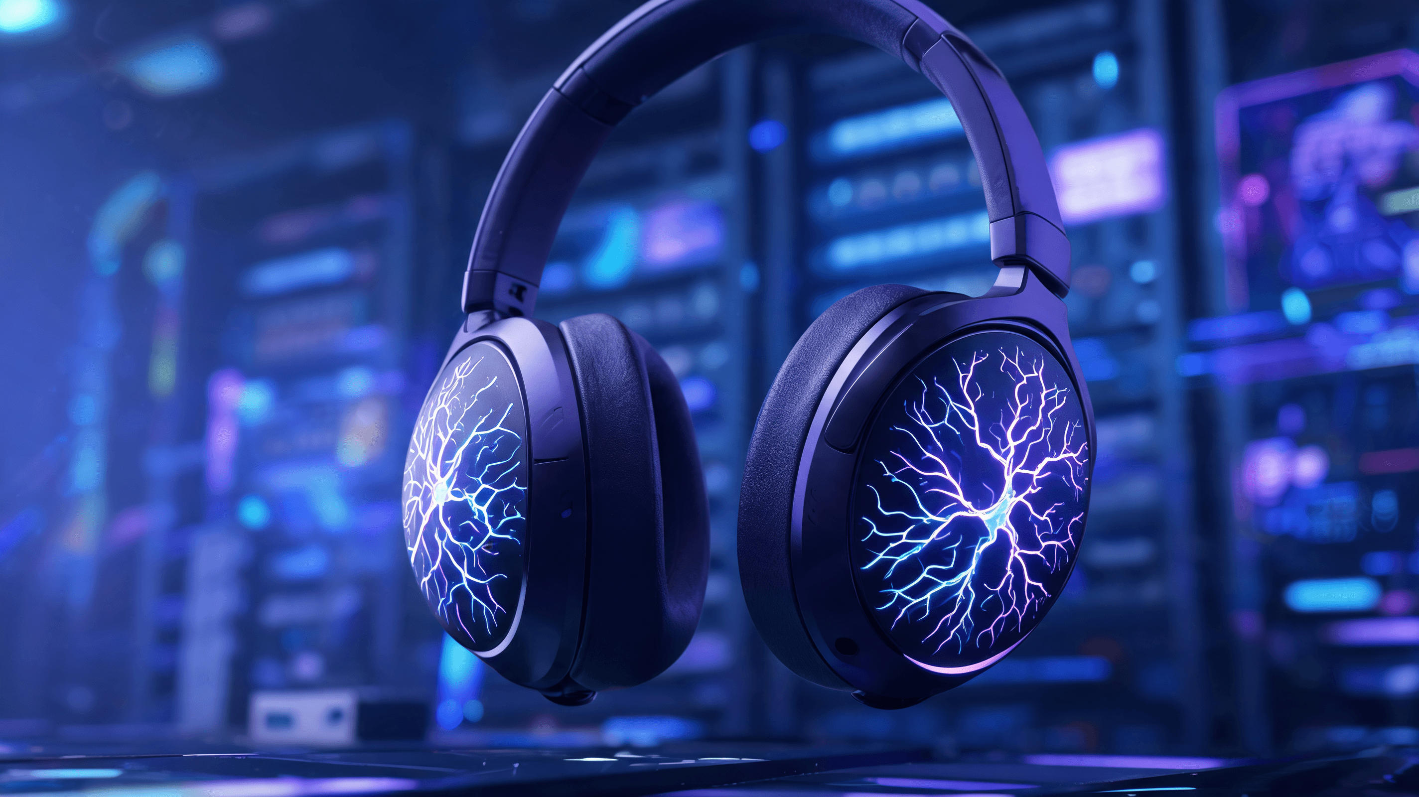 A futuristic depiction of a pair of high-tech headphones with glowing neural pathways stylized on th