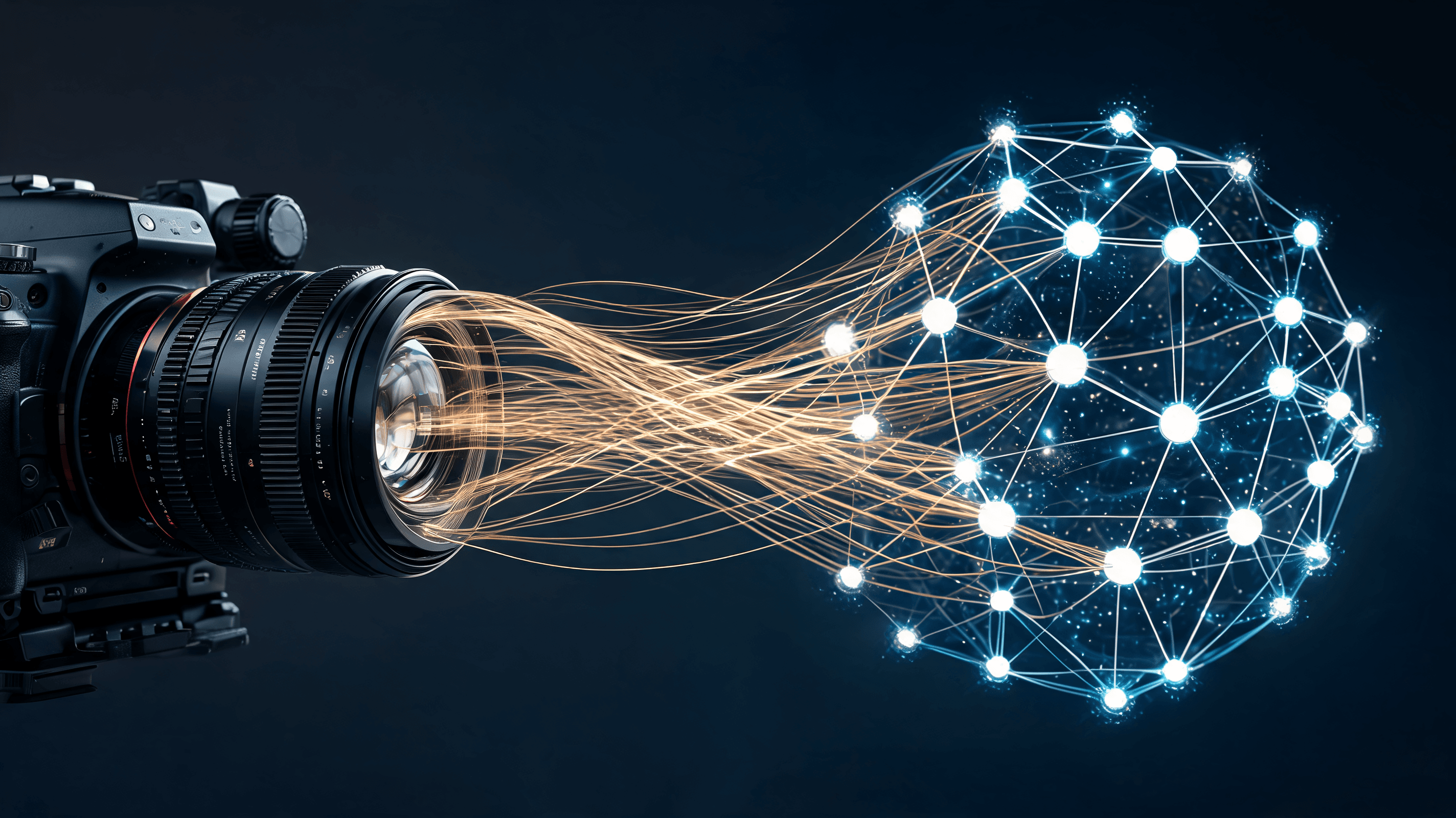 A stylish, conceptual artistic representation of a movie camera lens meeting a digital AI neural net