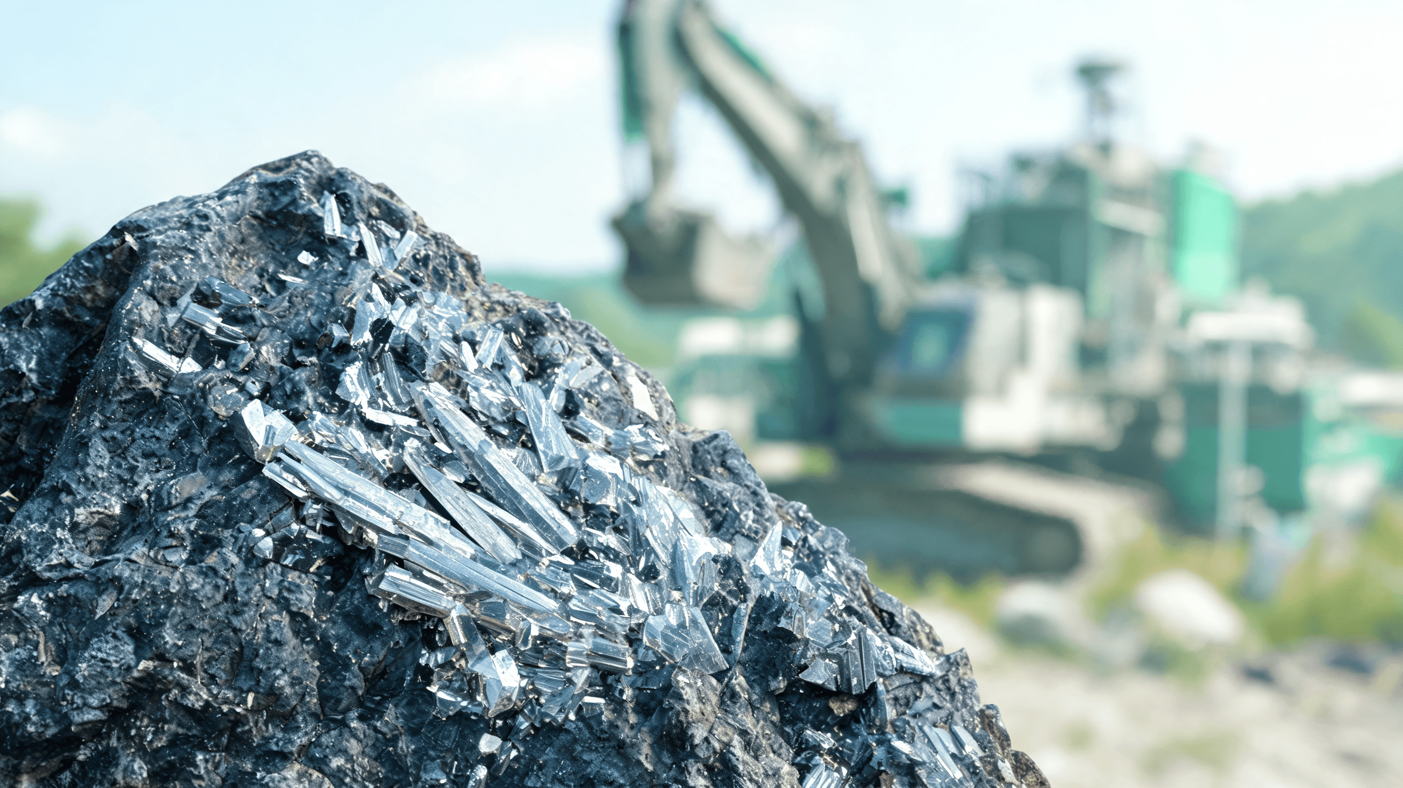 A close-up of a raw mineral rock with crystalline lithium veins, industrial extraction machinery blu