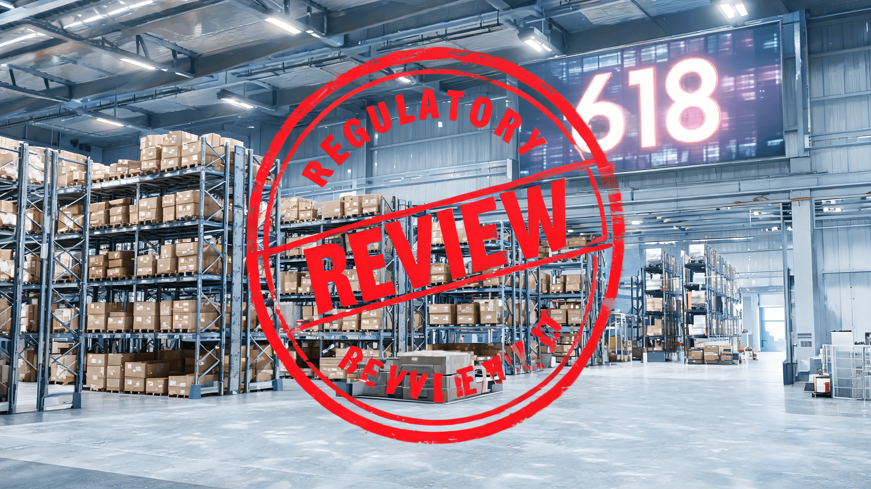 A modern warehouse interior with glowing digital signage displaying '618' deals, overlaid with a sub