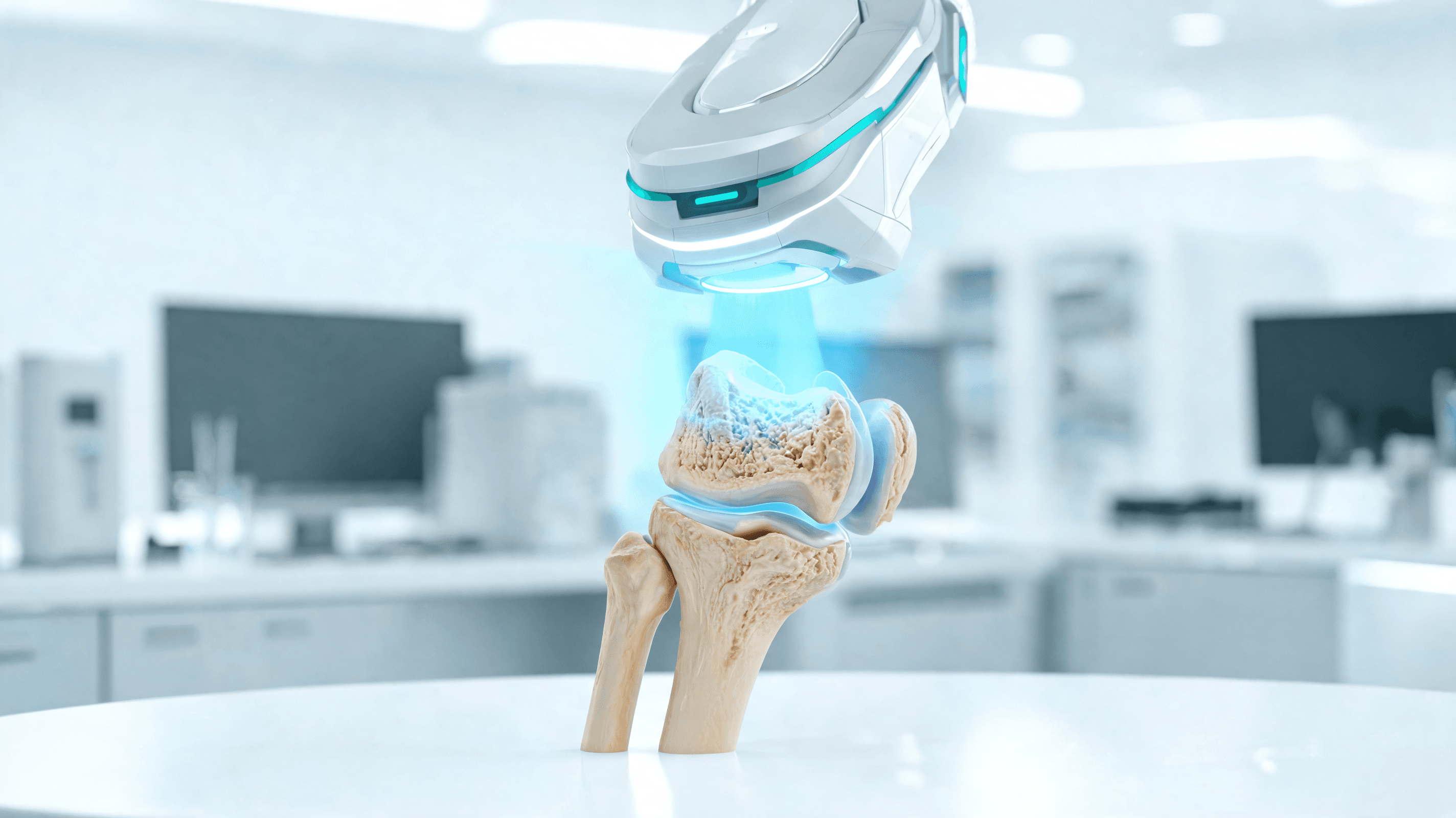 A medical-themed conceptual image showing an anatomy model of a knee joint being scanned by a futuri
