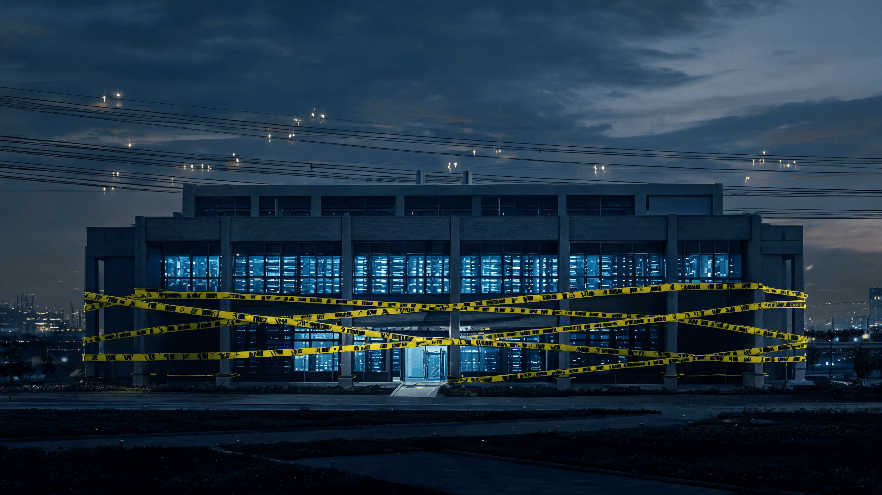 A modern data center building with a bright yellow 'STOP' sign or caution tape wrapped around it, se