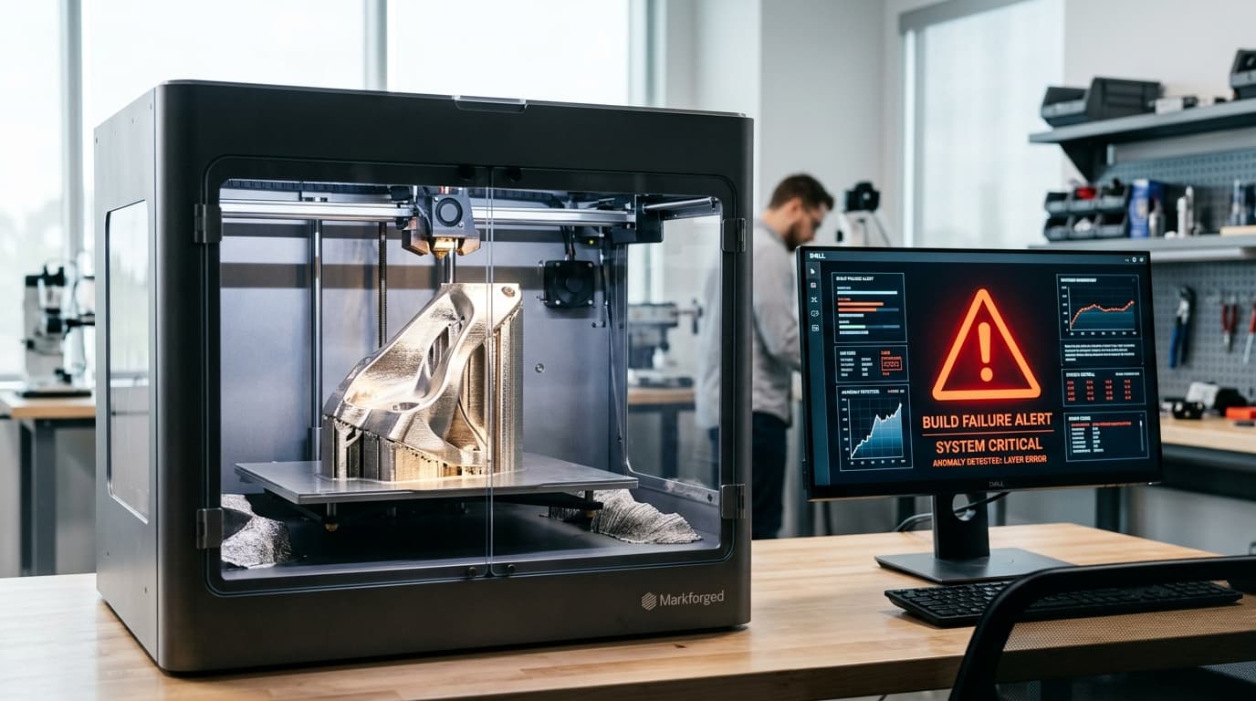 A 3D printer in a bright workspace, partially printing a metallic object, with a digital warning gra