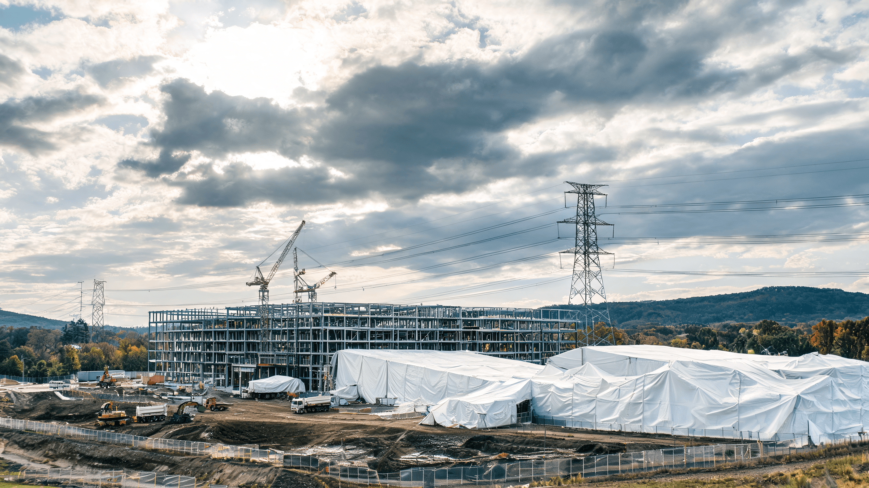 A modern data center construction site in New York state, partially covered by construction tents, w