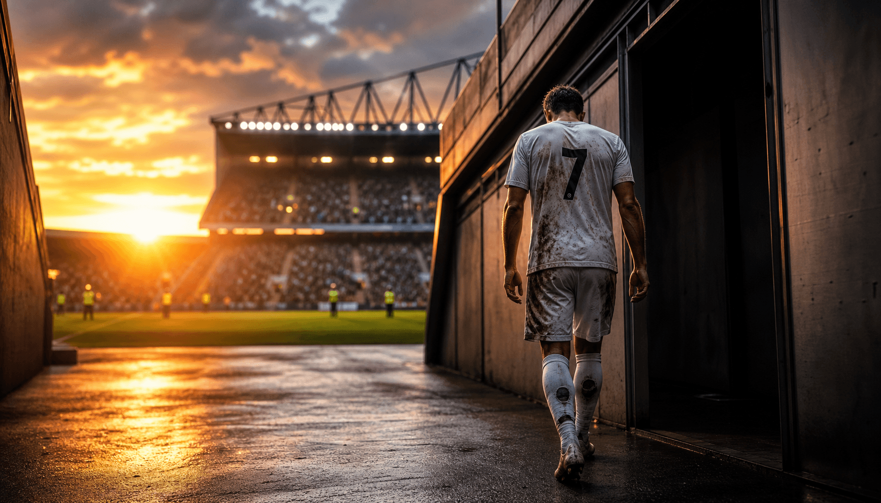 A dramatic photo of a soccer player walking off the pitch towards the tunnel, sunset lighting, high