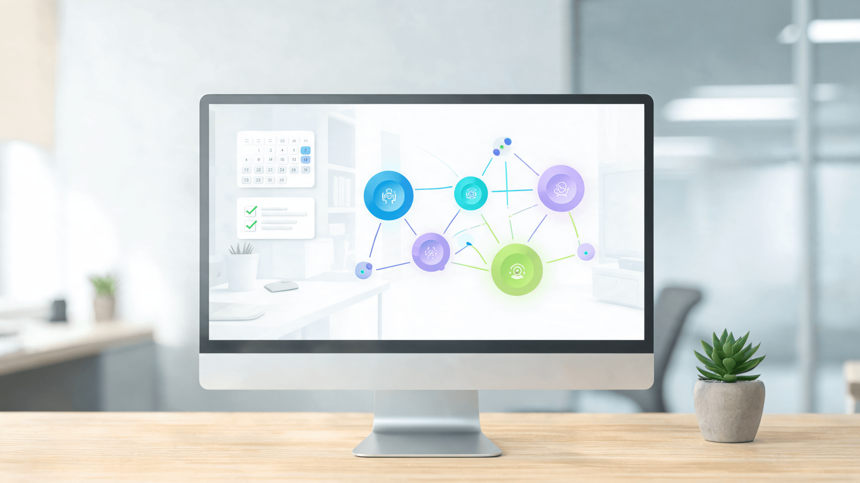 A colorful, modern workspace interface on a screen with abstract nodes representing connected AI age