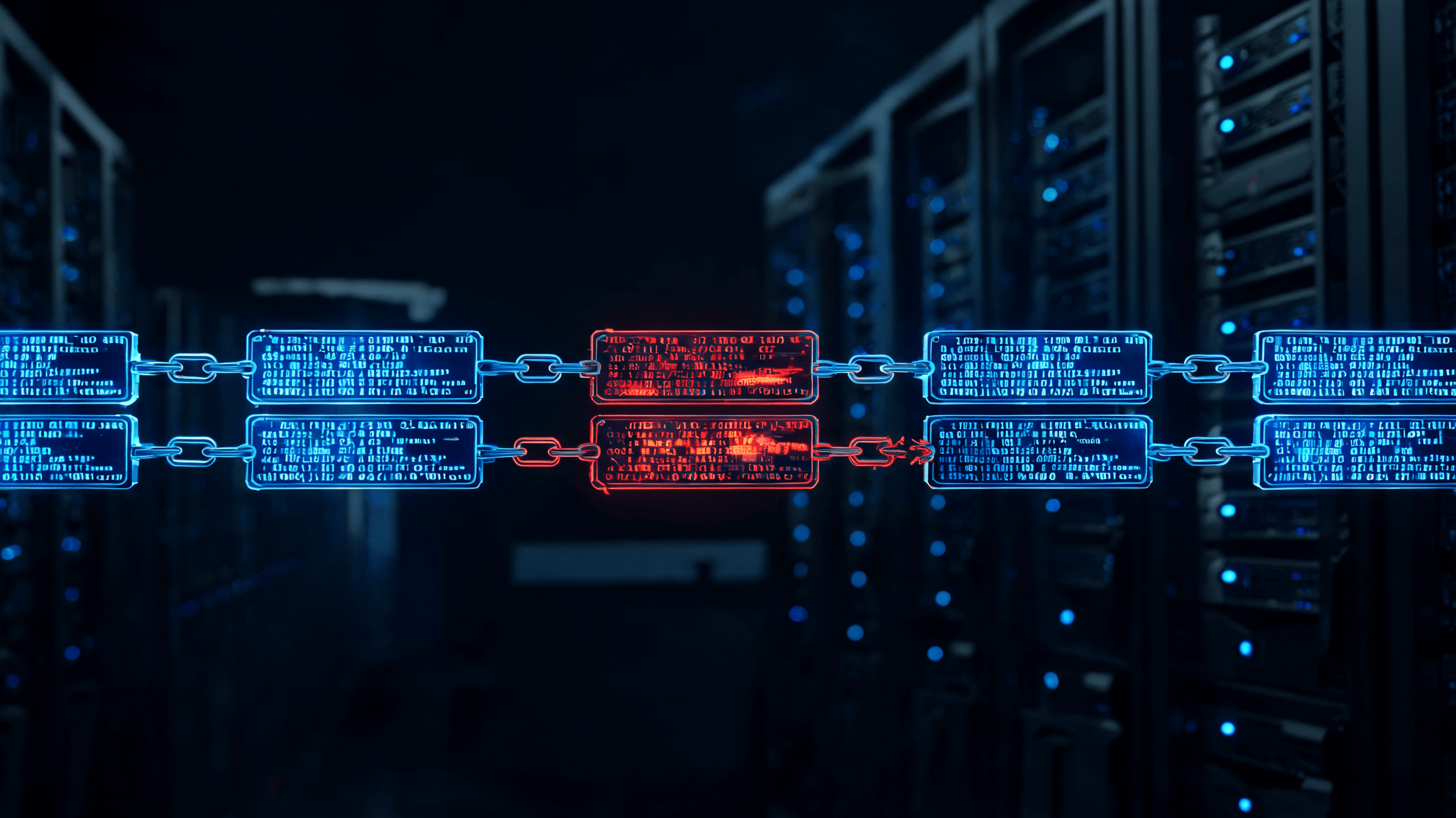 A cybersecurity-themed visual showing a complex chain of glowing digital code blocks, with several b