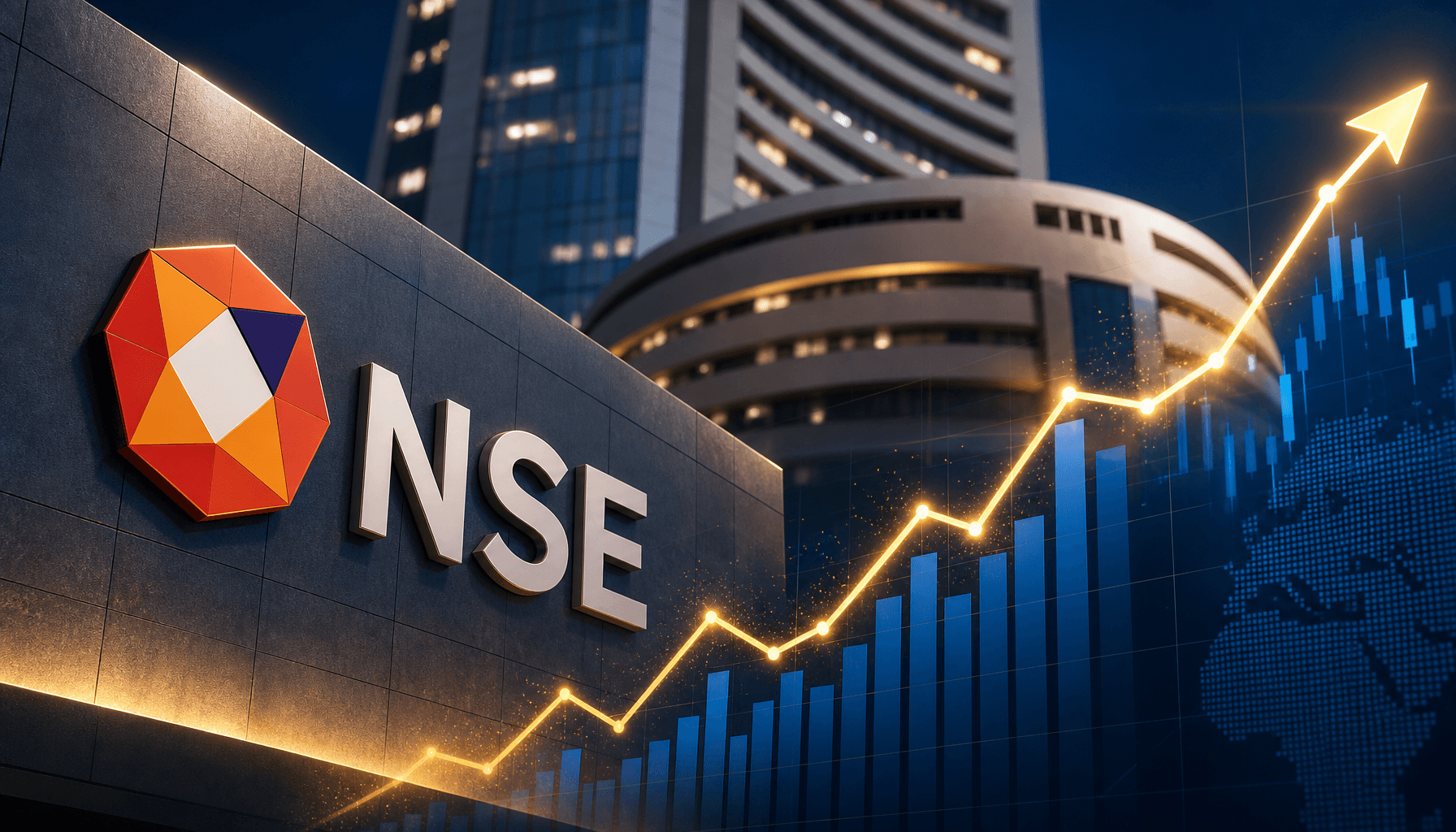 A professional financial graphic showing the NSE logo with a rising stock market trend line, stylize