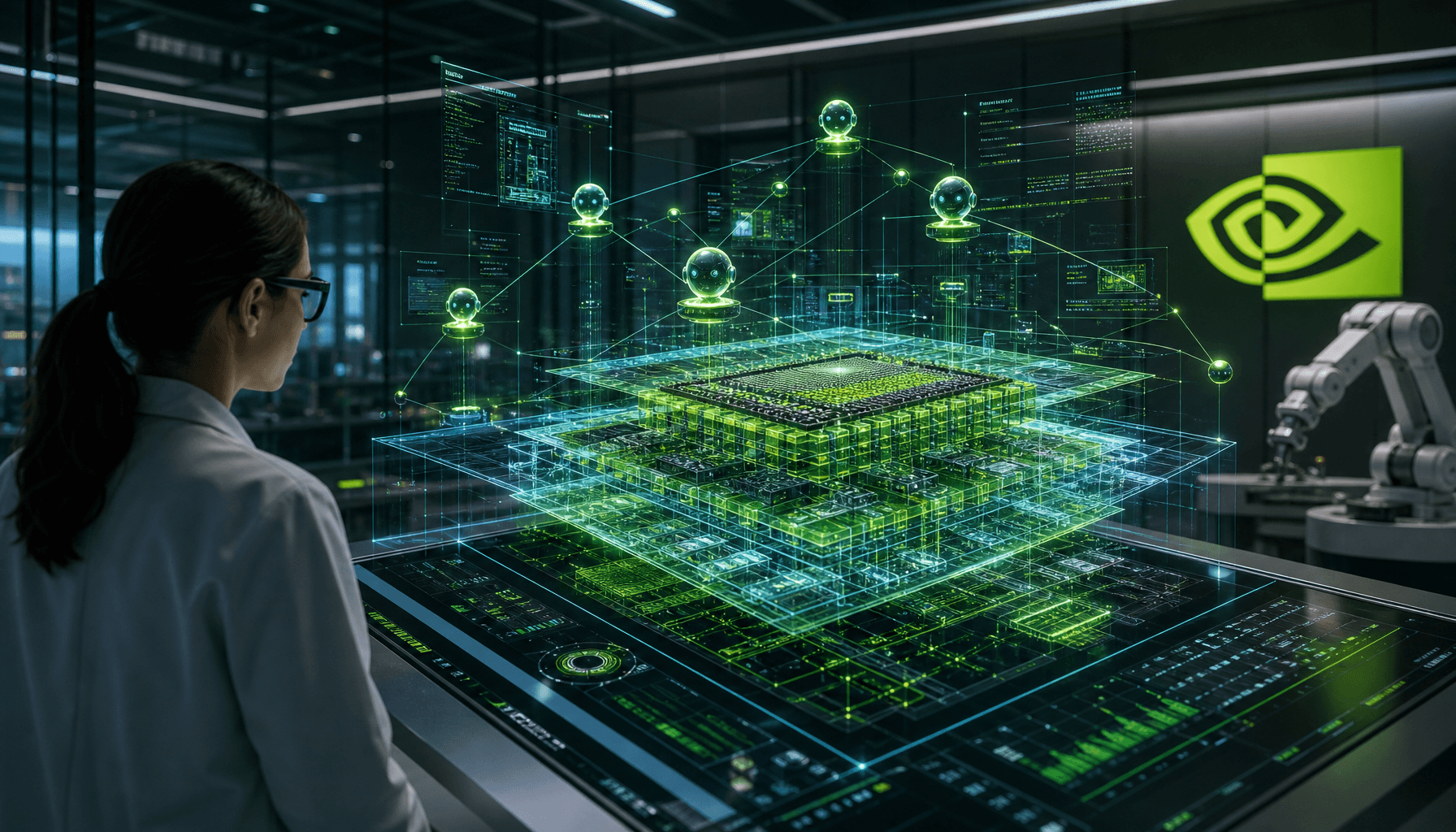 A futuristic high-tech laboratory showing digital holograms of complex 3D semiconductor chip layouts