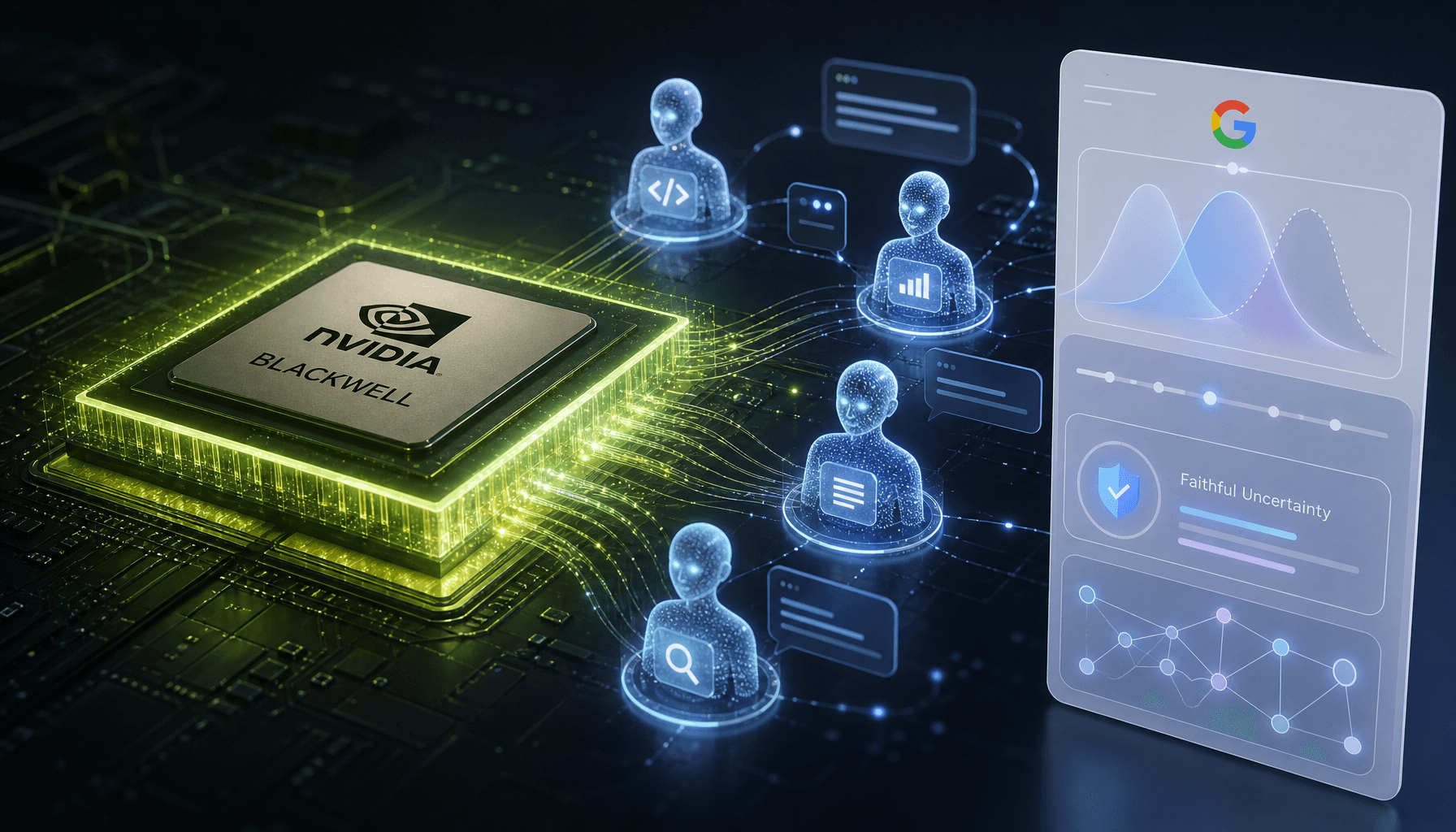 A futuristic visualization showing a glowing NVIDIA Blackwell GPU chip interacting with digital AI a