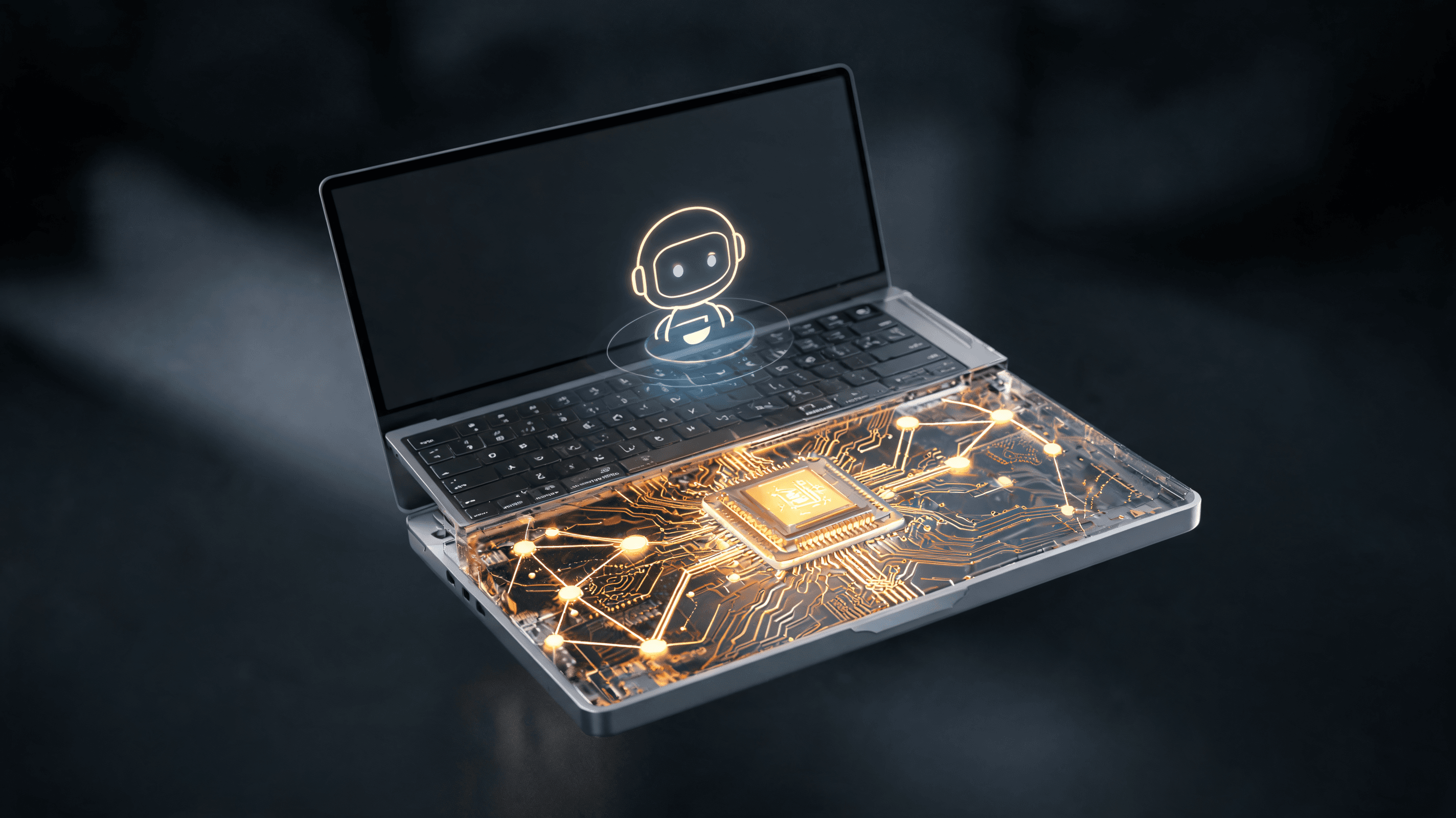 A modern, sleek laptop design with a transparent view revealing glowing, golden processor circuitry