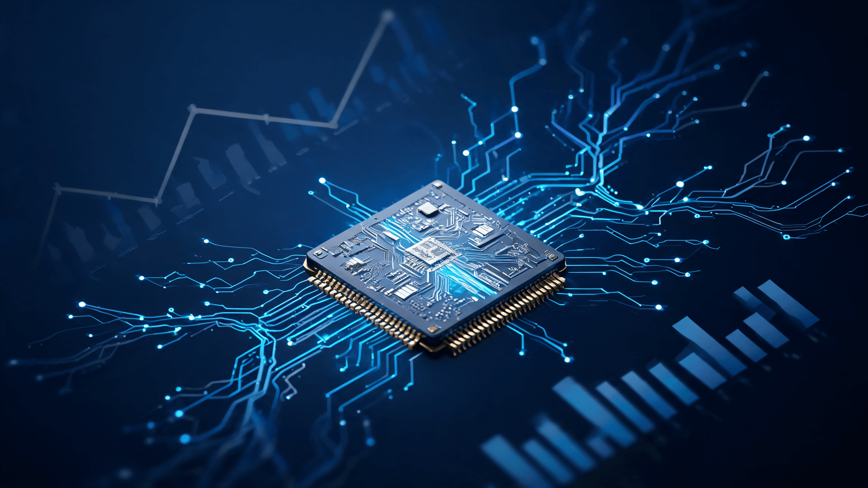 A sophisticated digital visualization of a high-performance computer chip integrated with glowing ab