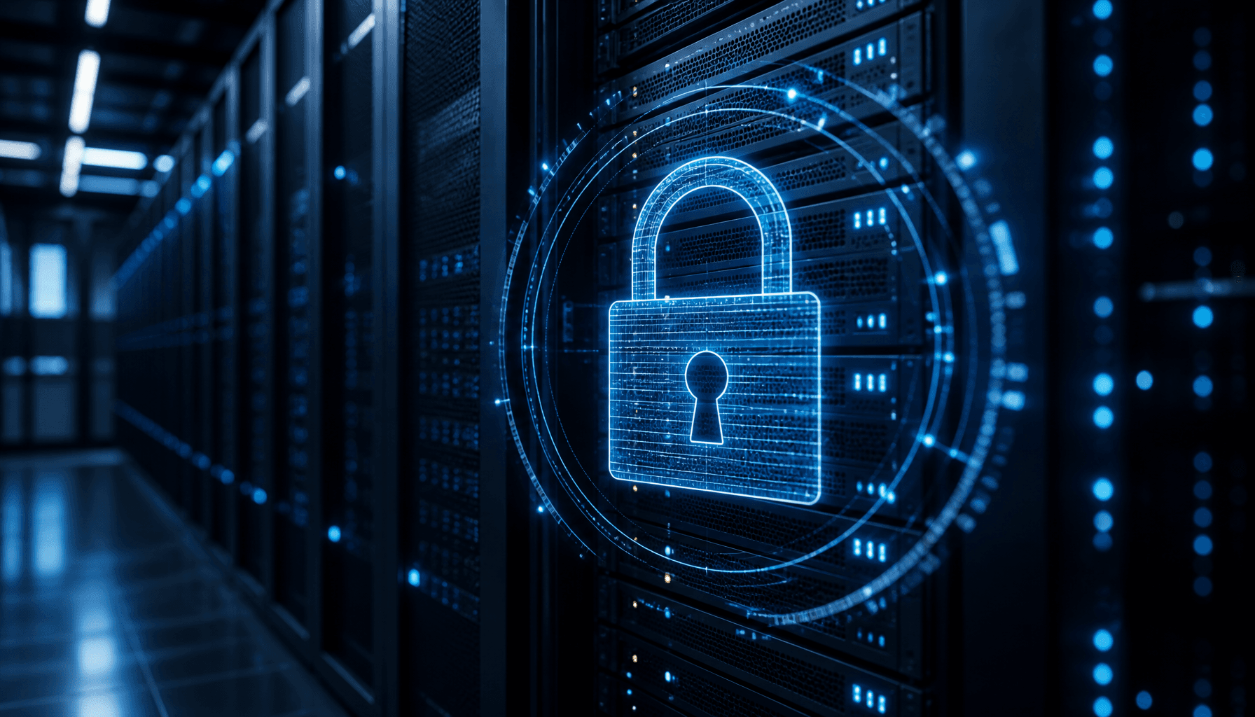 A conceptual image of a high-tech server rack in a dark data center environment with a digital padlo